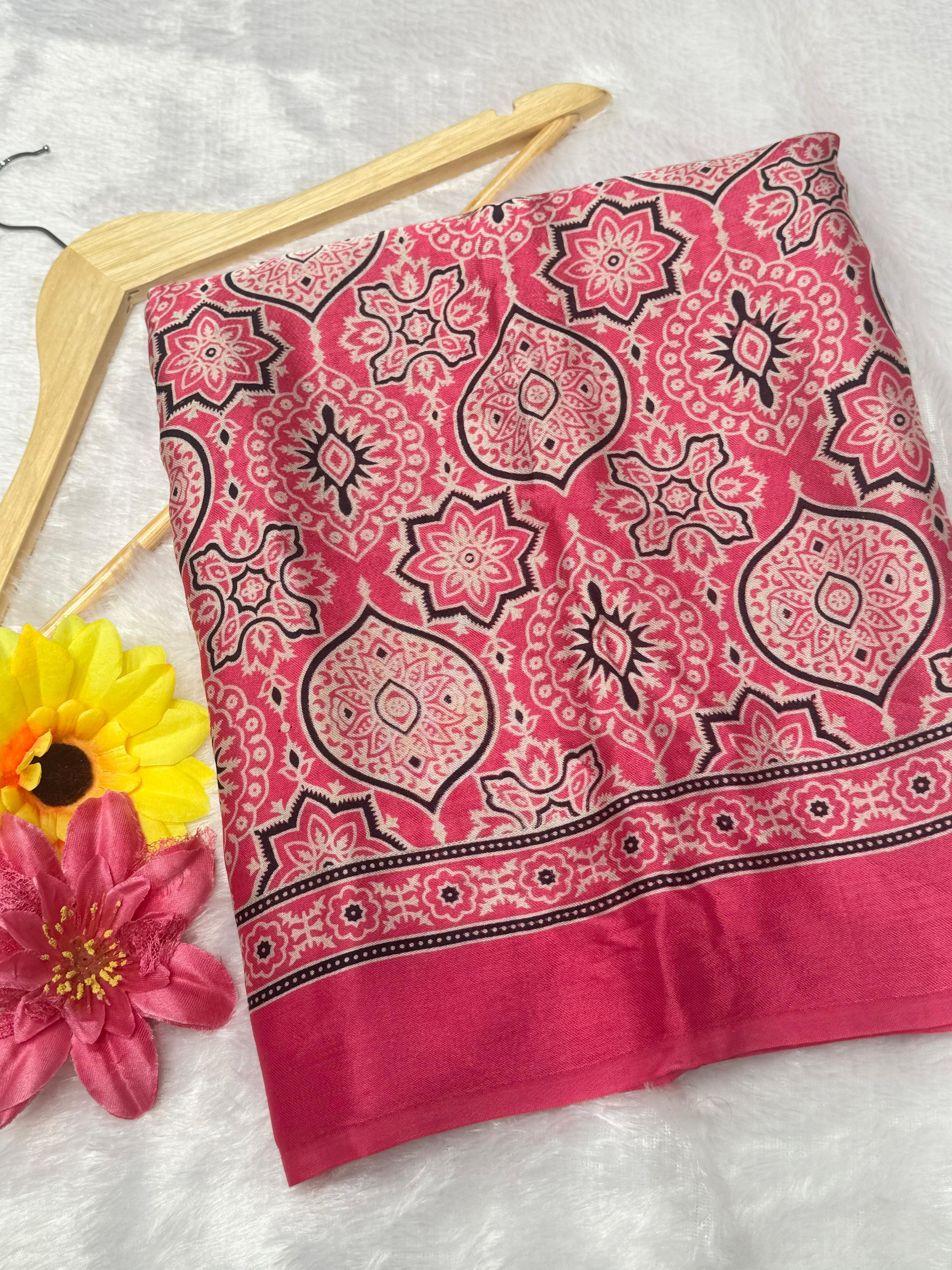 Pink Ajrakh Hand Block Modal Silk Saree With Fancy Ajrakh Pallu