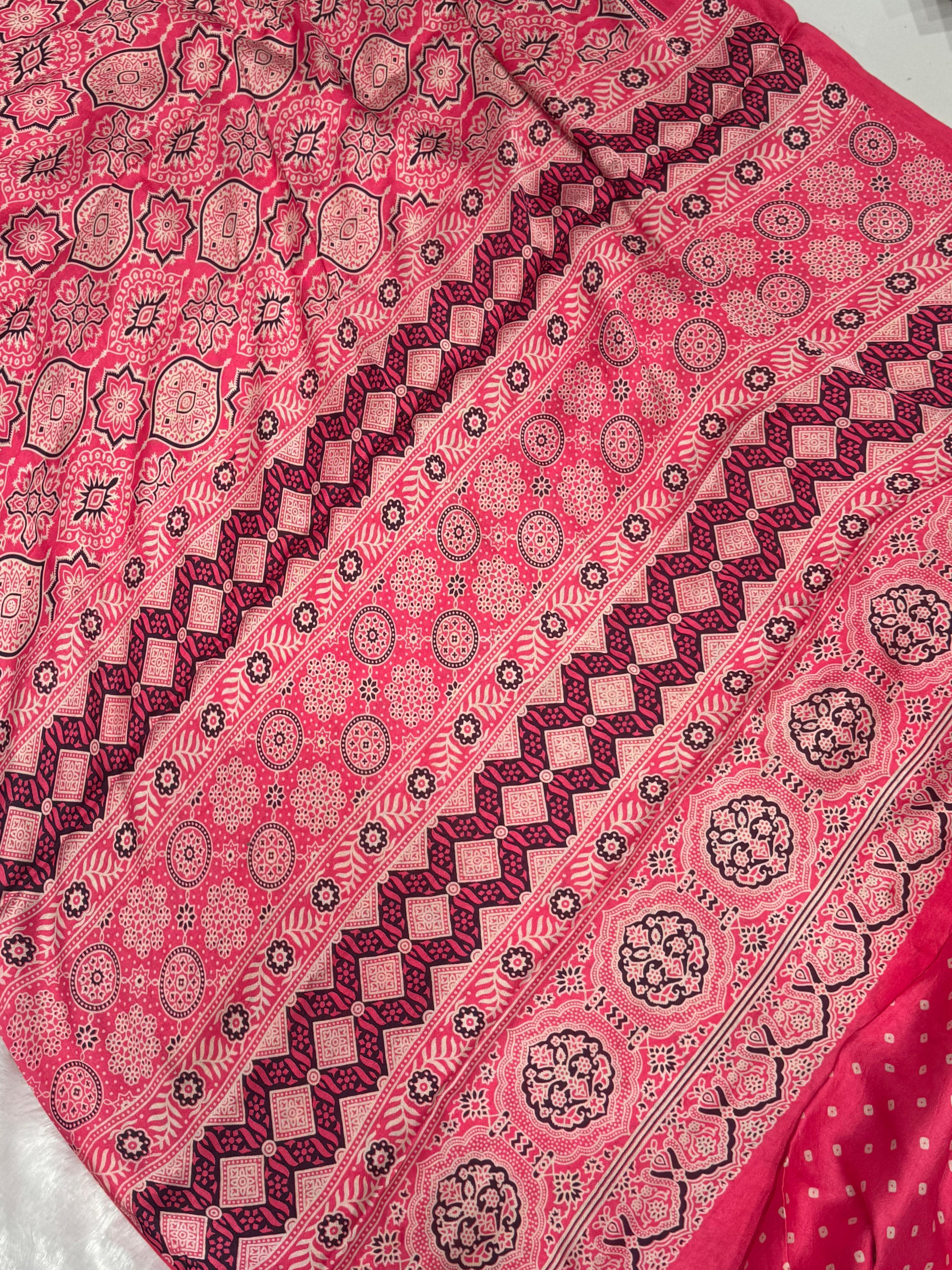 Pink Ajrakh Hand Block Modal Silk Saree With Fancy Ajrakh Pallu