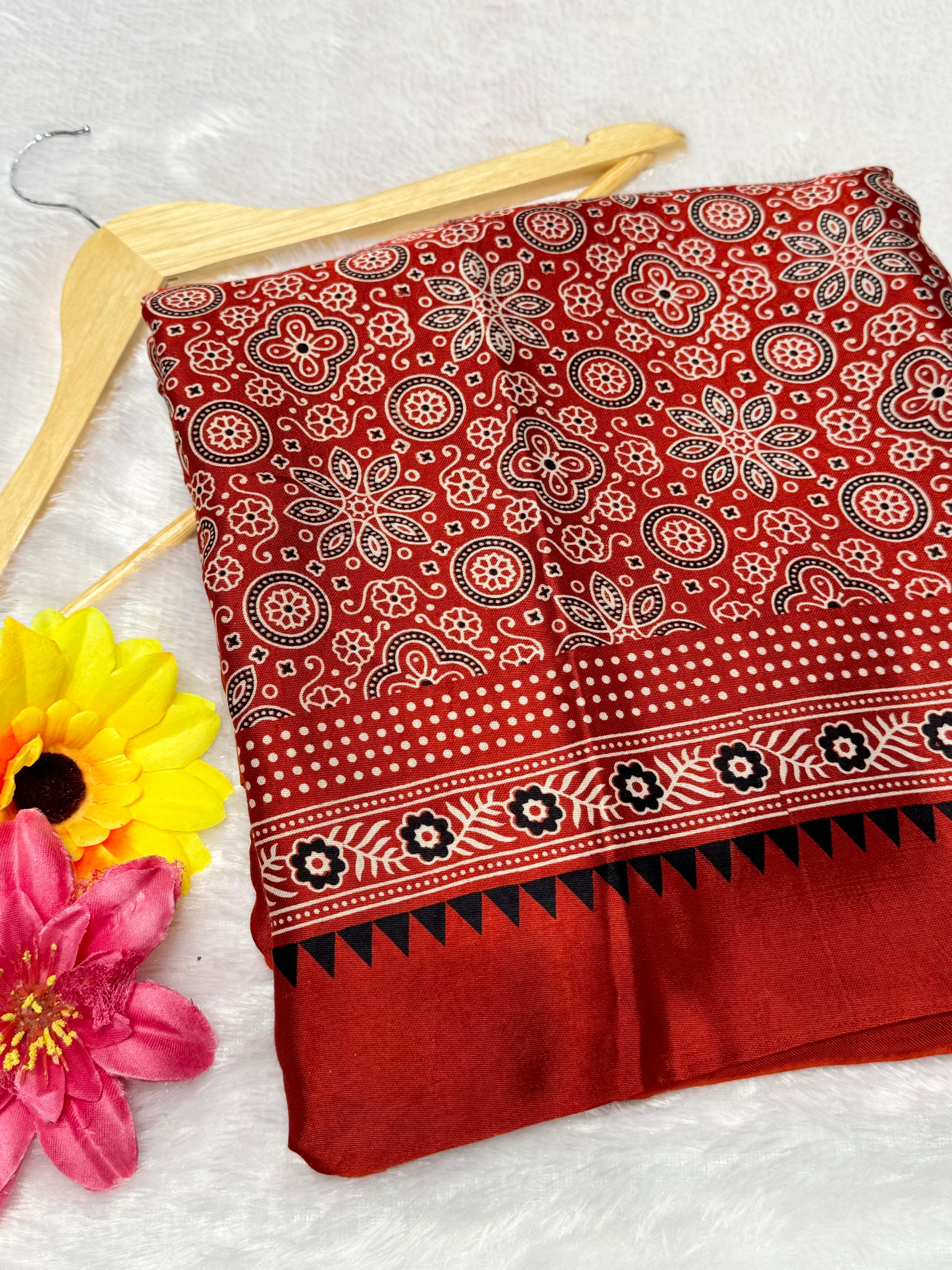 Red Ajrakh Hand Block Modal Silk Saree With Fancy Ajrakh Pallu - 2