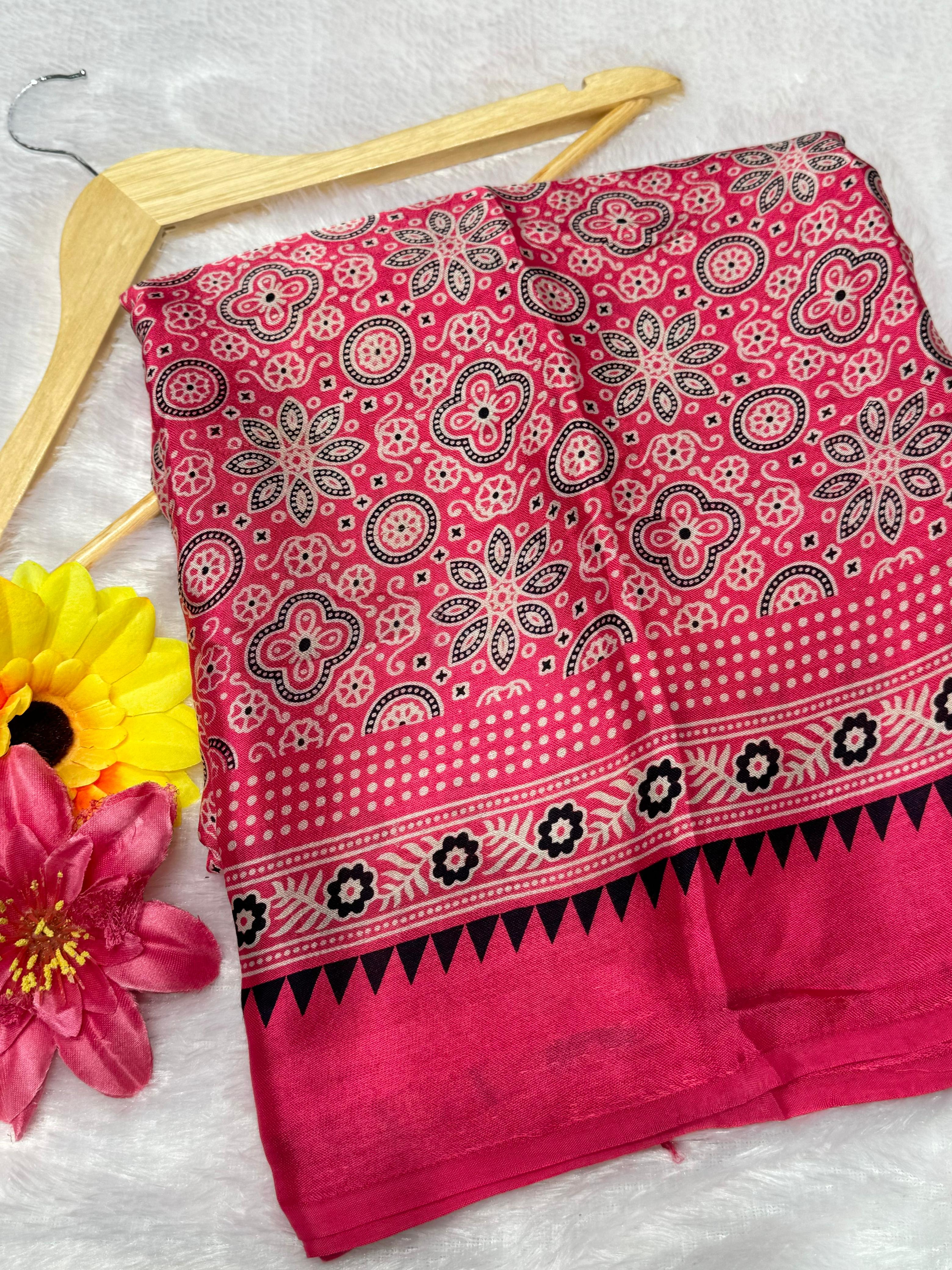 Pink Ajrakh Hand Block Modal Silk Saree With Fancy Ajrakh Pallu - 2