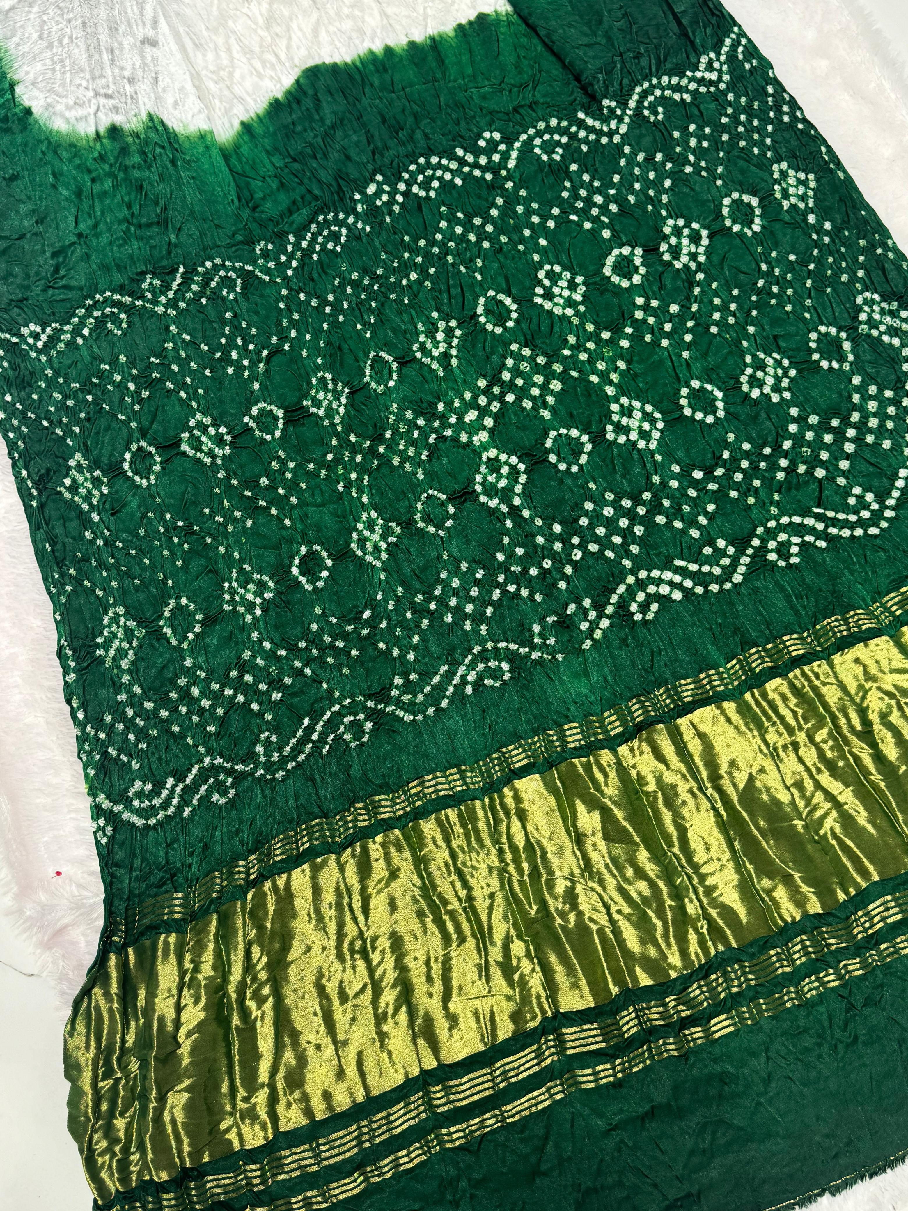 Pretty Green Plain Pure Modal Silk Shibori Bandhani With Zari Pallu