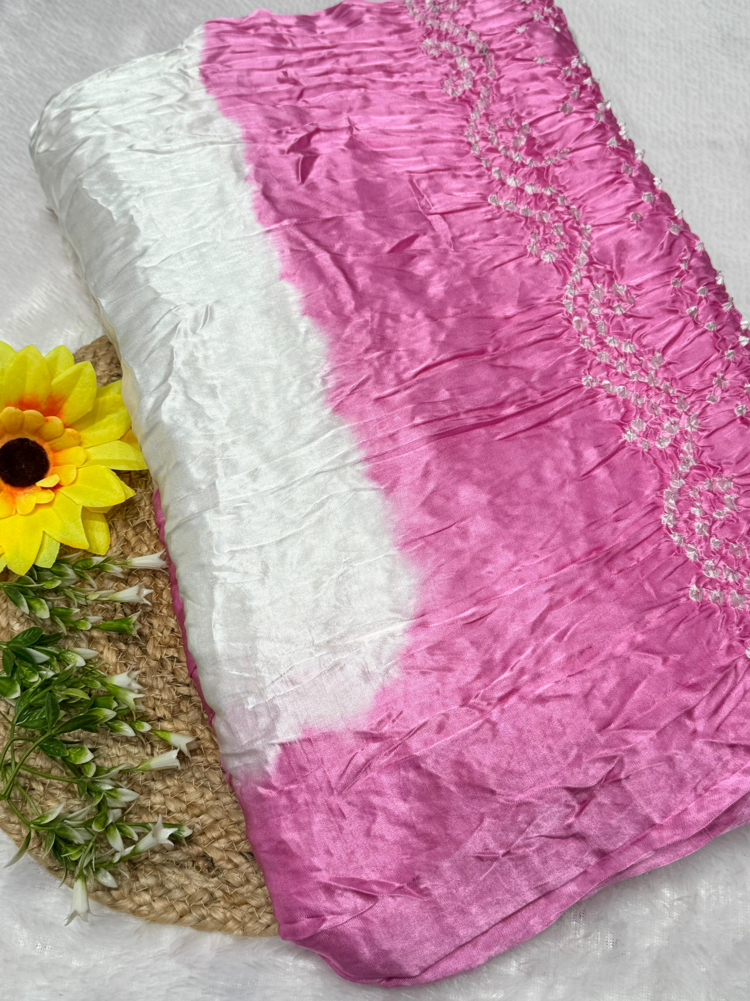 Pretty Light Pink Plain Pure Modal Silk Shibori Bandhani With Zari Pallu