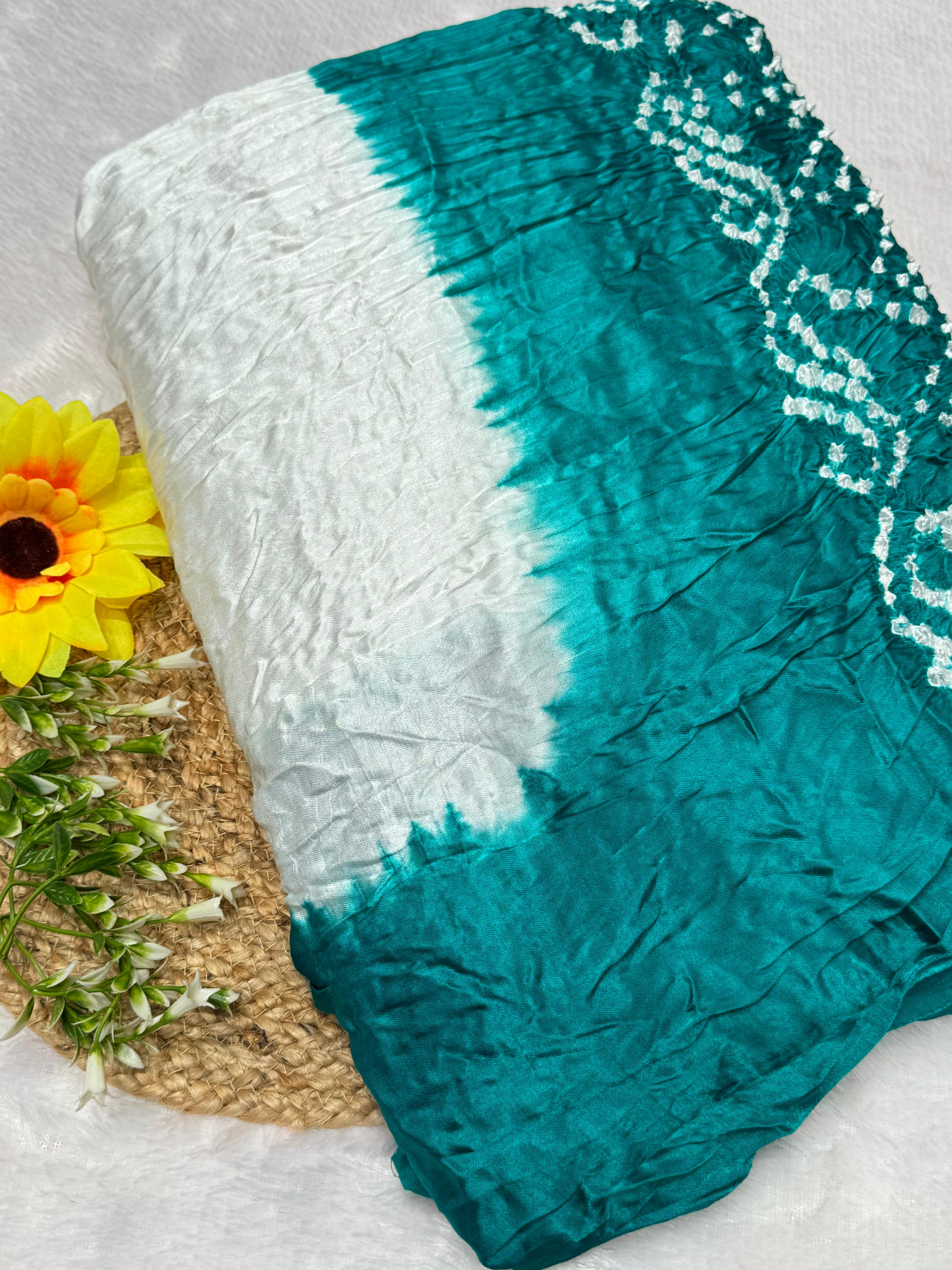 Pretty Dark Aqua Plain Pure Modal Silk Shibori Bandhani With Zari Pallu