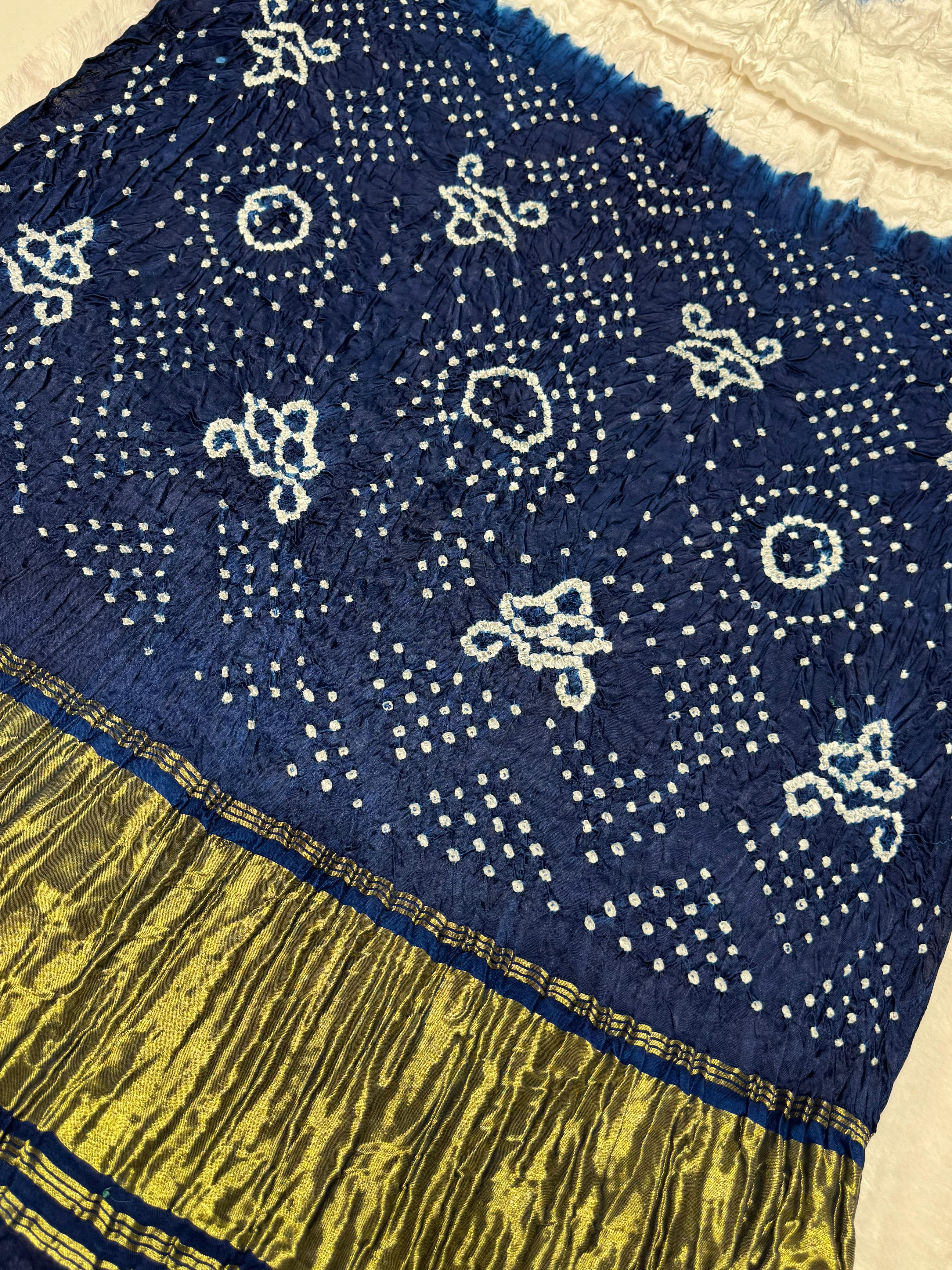 Pretty Indigo Morpich Kasumbo Pure Modal Silk Shibori Bandhani With Zari Pallu