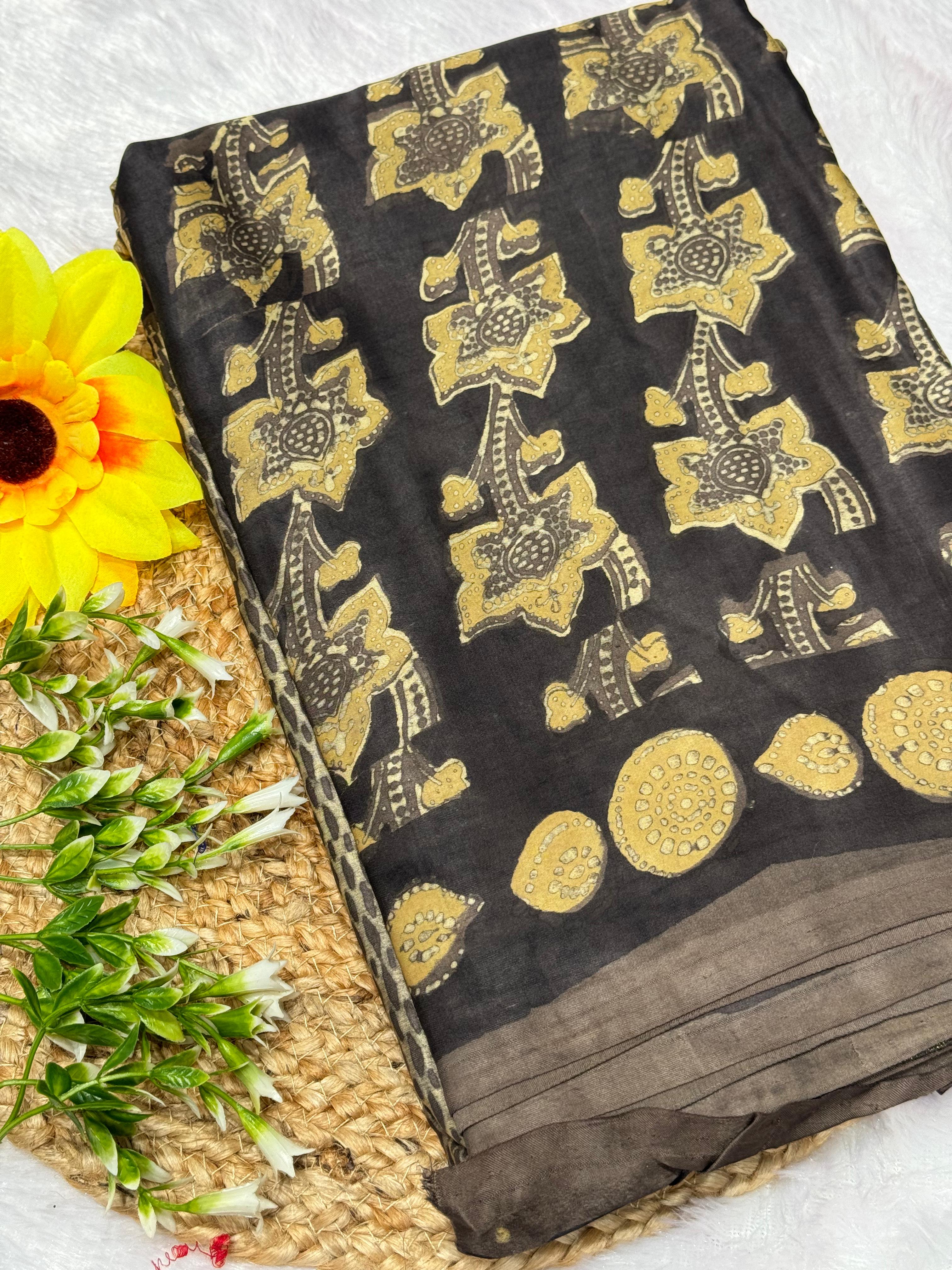 Black Ajrakh Hand Block Modal Silk Saree With Zari Pallu KL1