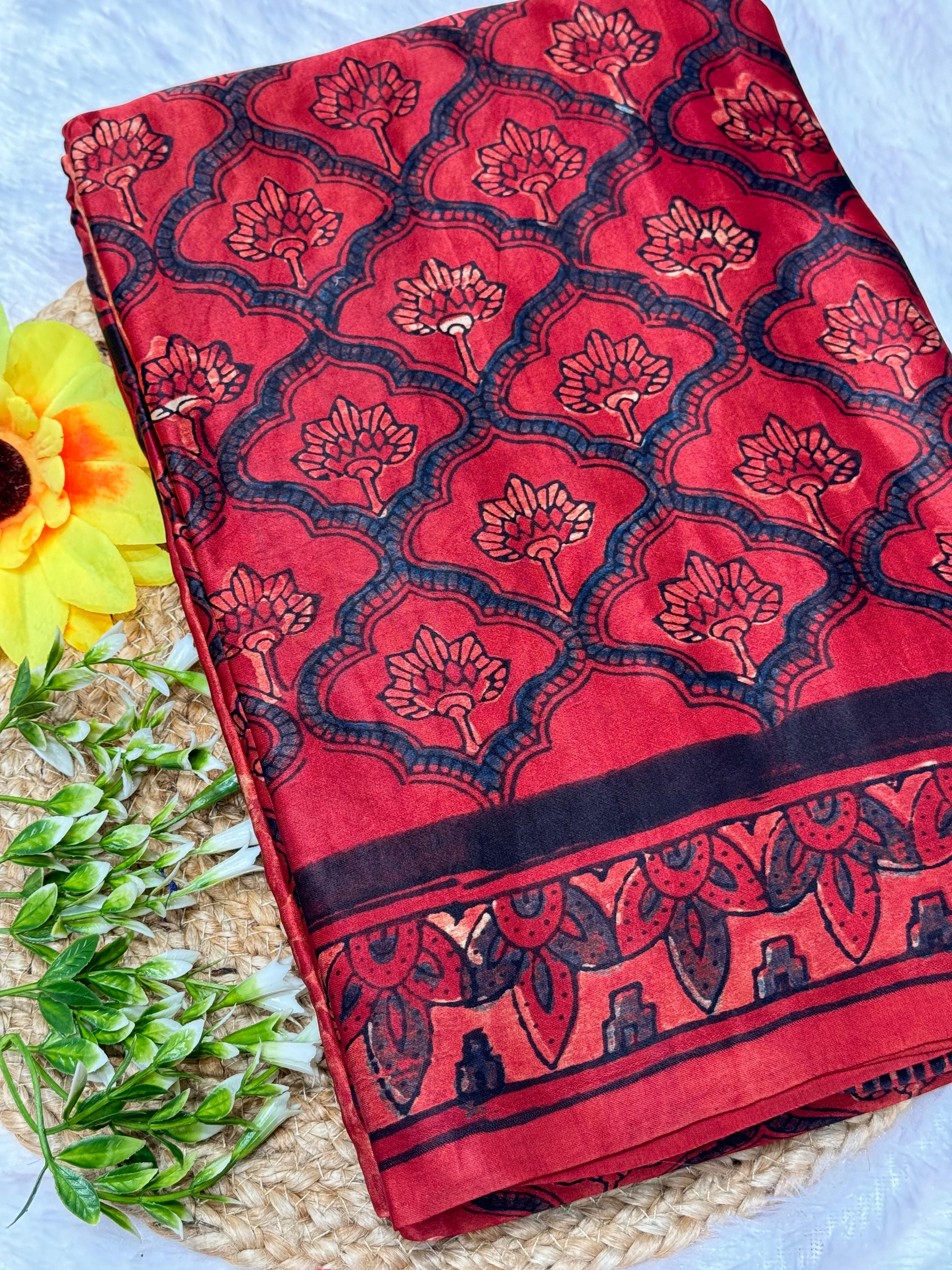 Maroon Ajrakh Hand Block Modal Silk Saree With Zari Pallu KL1