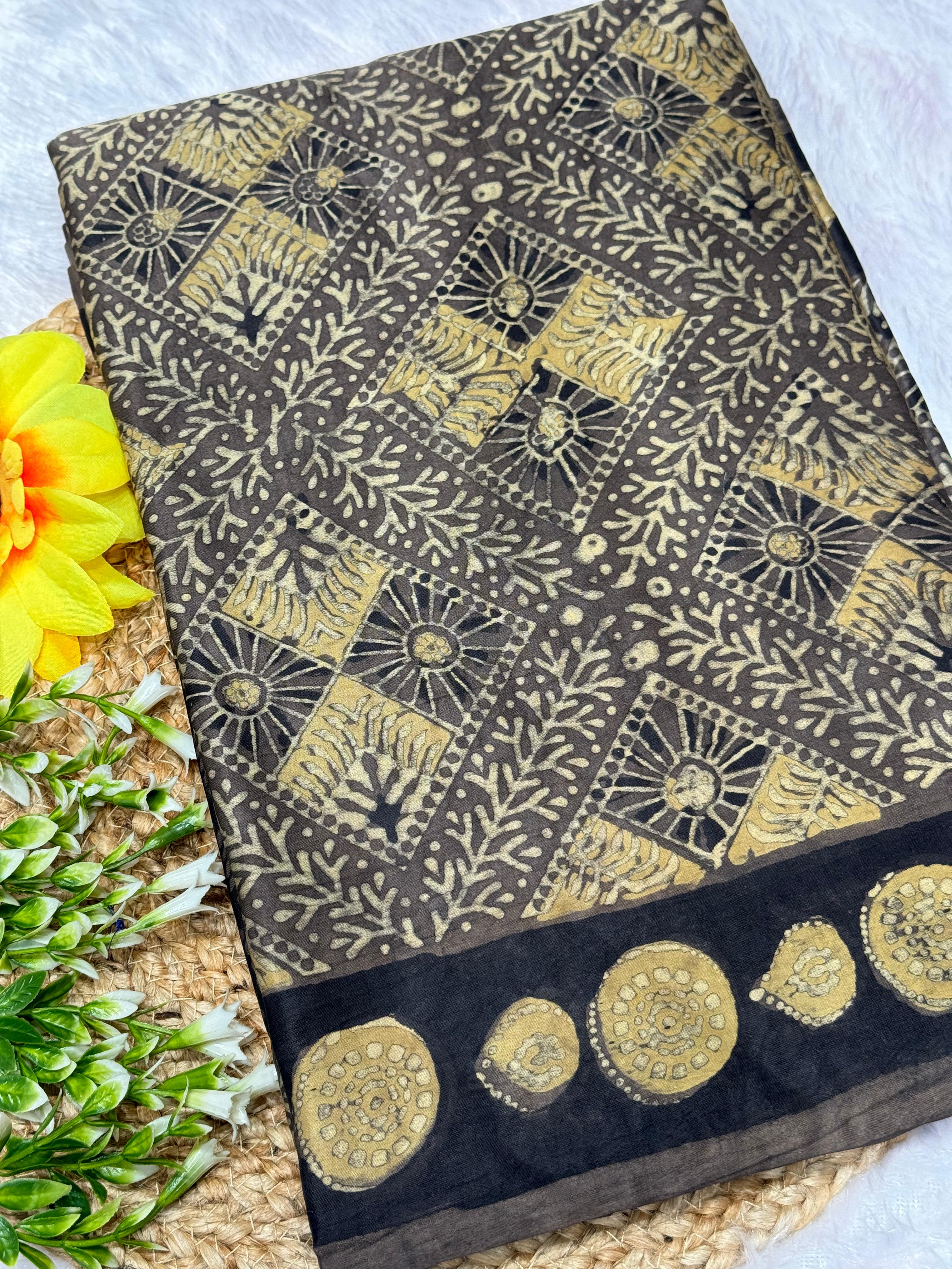 Black Ajrakh Hand Block Modal Silk Saree With Zari Pallu KL1