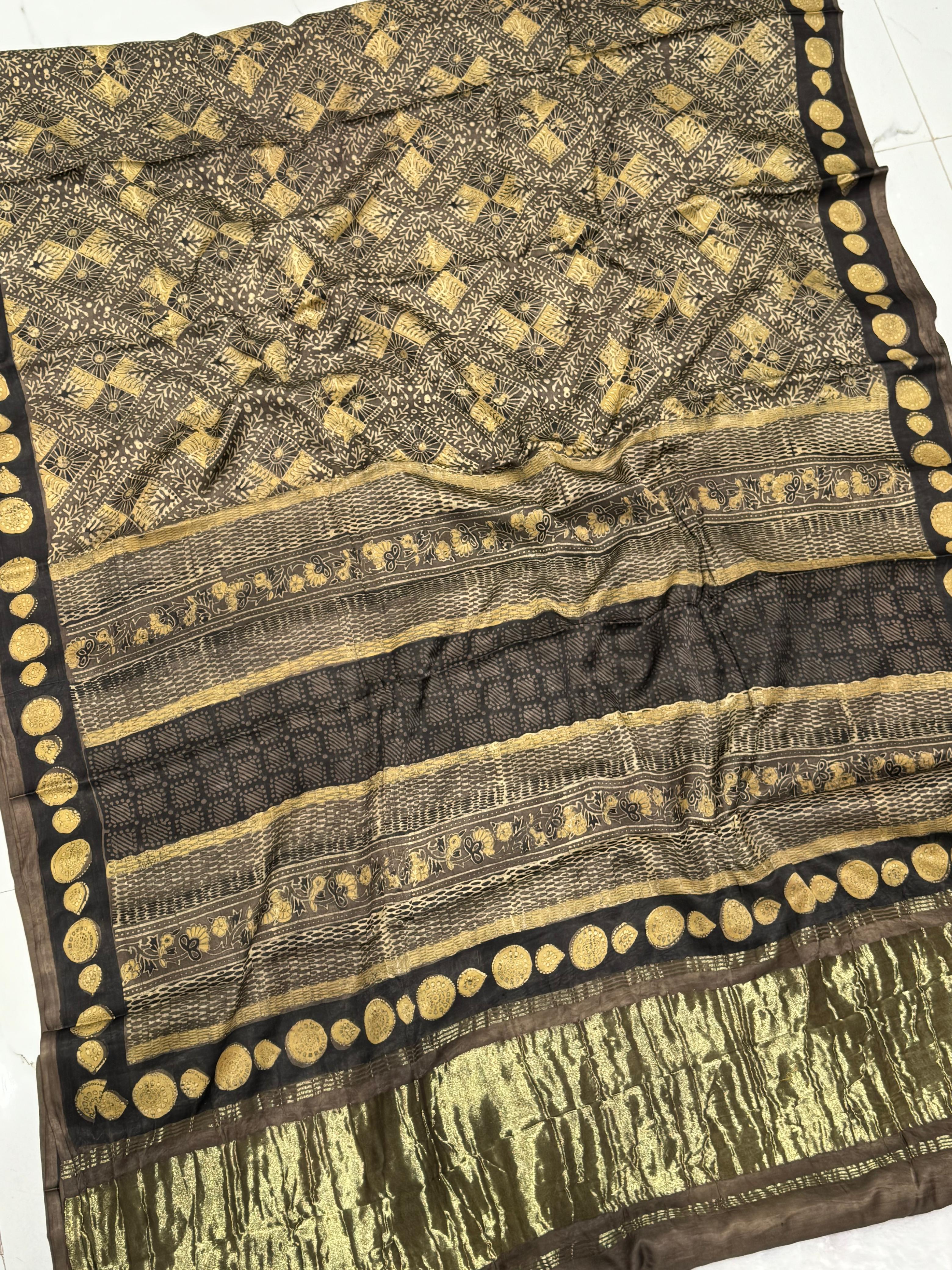 Black Ajrakh Hand Block Modal Silk Saree With Zari Pallu KL1