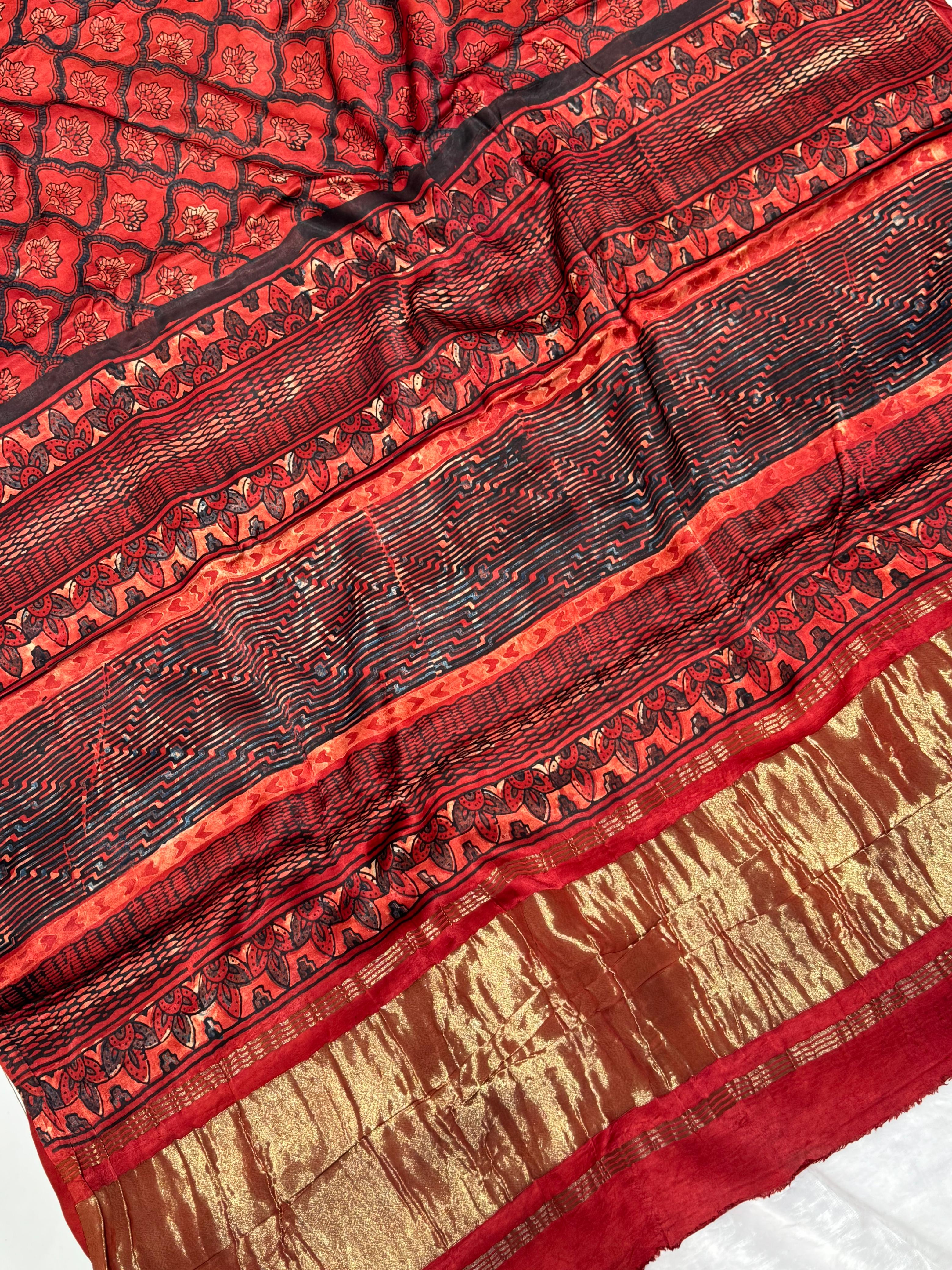 Maroon Ajrakh Hand Block Modal Silk Saree With Zari Pallu KL1