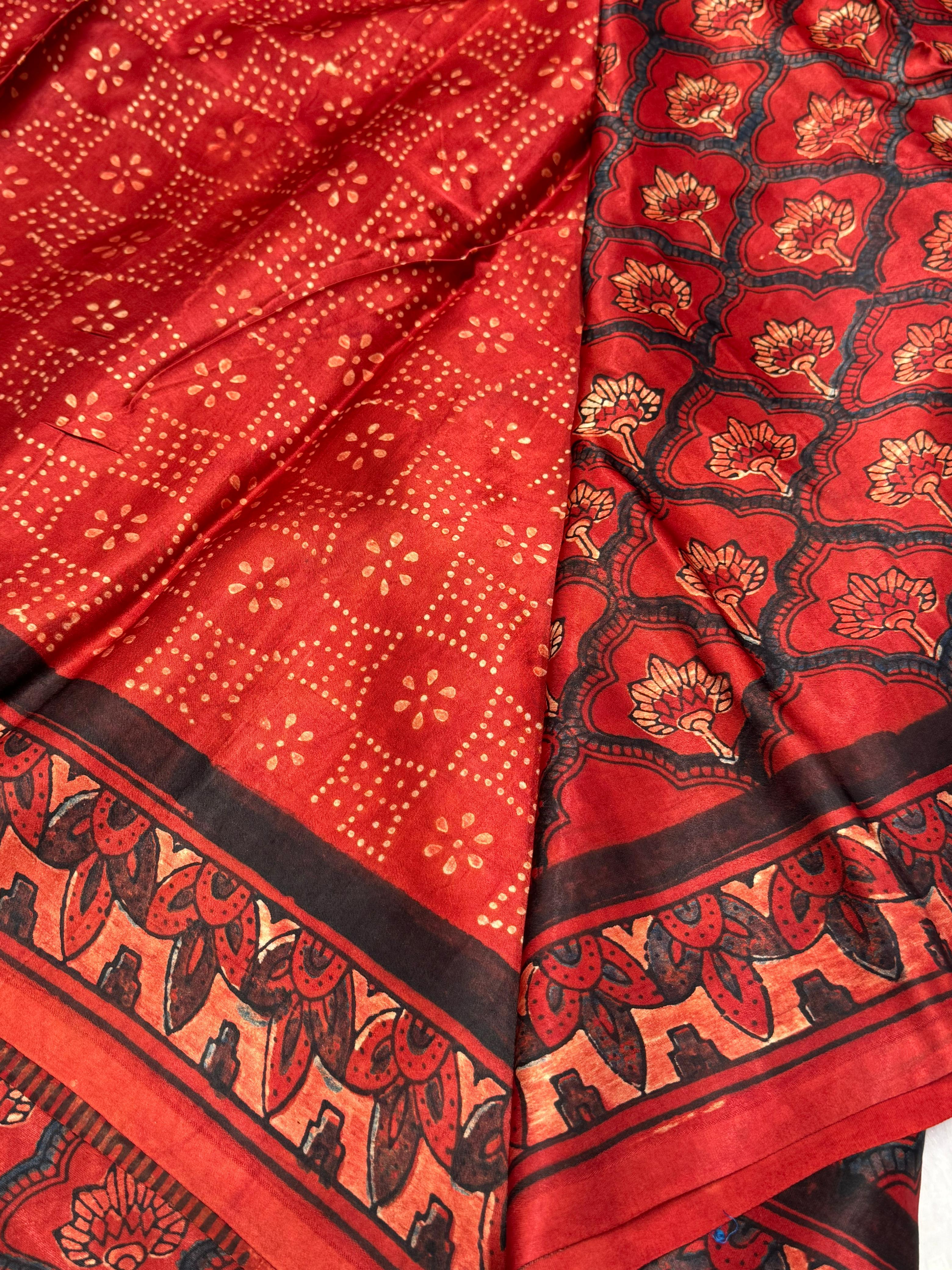 Maroon Ajrakh Hand Block Modal Silk Saree With Zari Pallu KL1