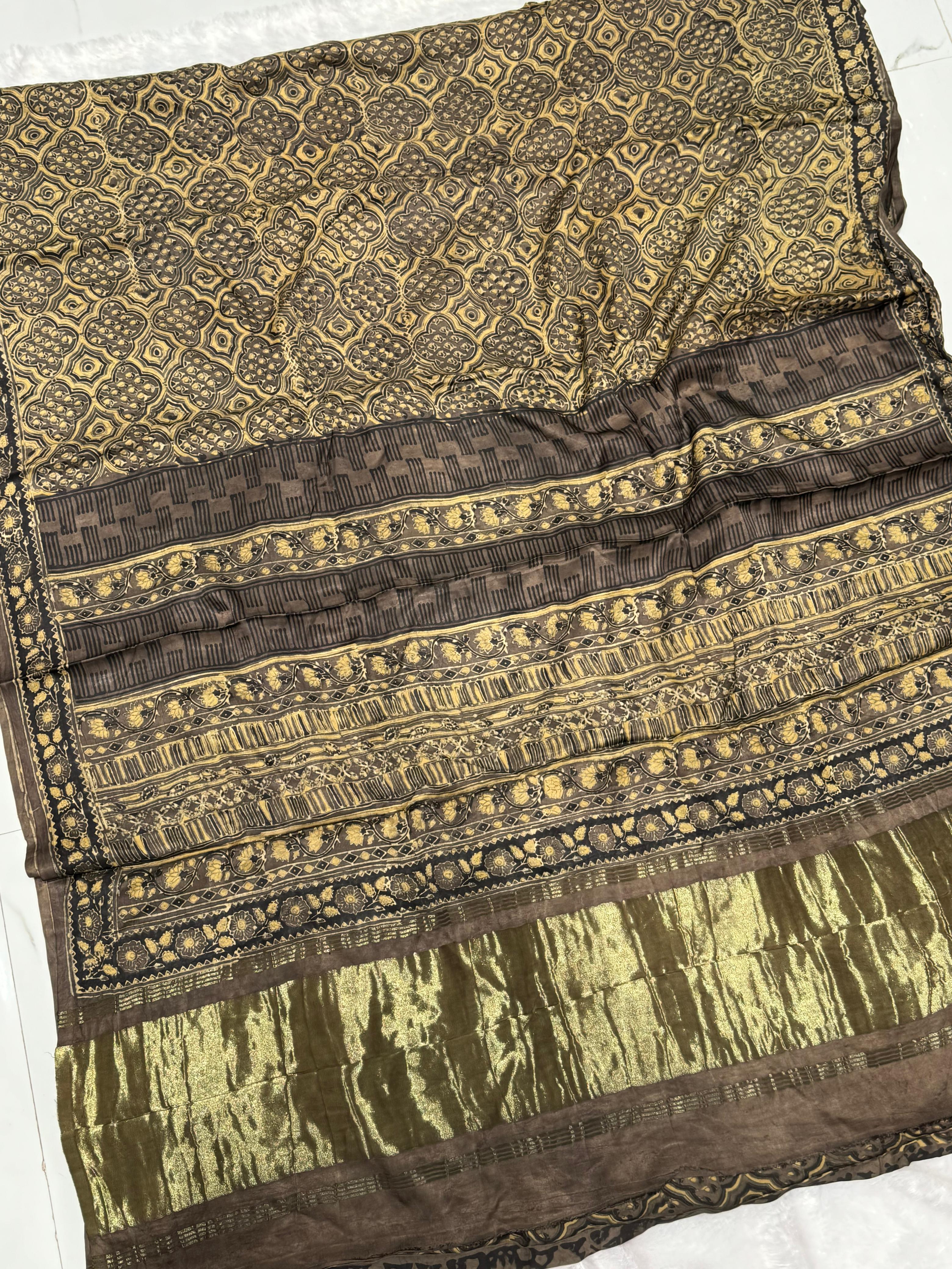 Pretty Black Ajrakh Hand Block Modal Silk Saree With Zari Pallu KL1