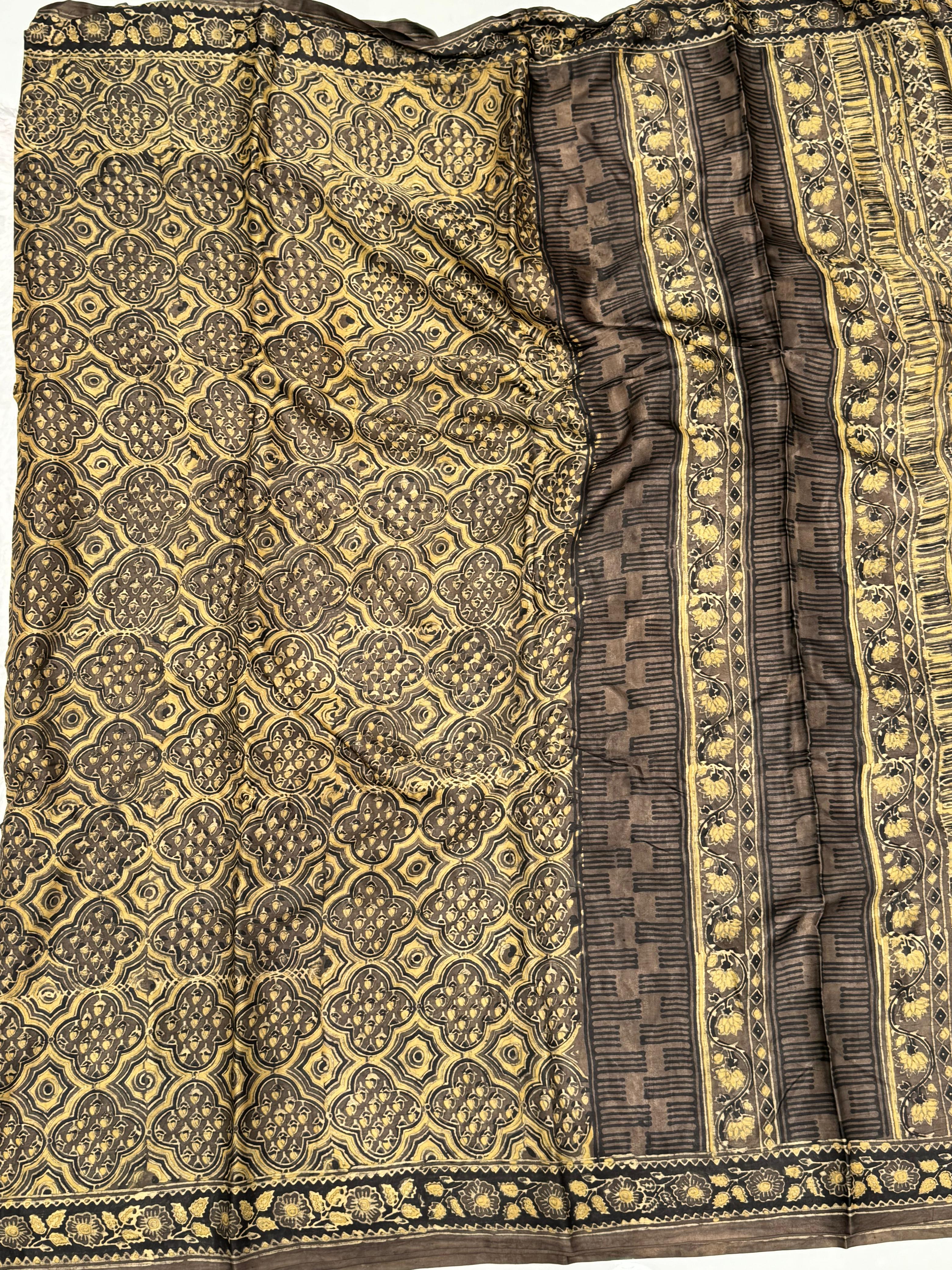 Pretty Black Ajrakh Hand Block Modal Silk Saree With Zari Pallu KL1