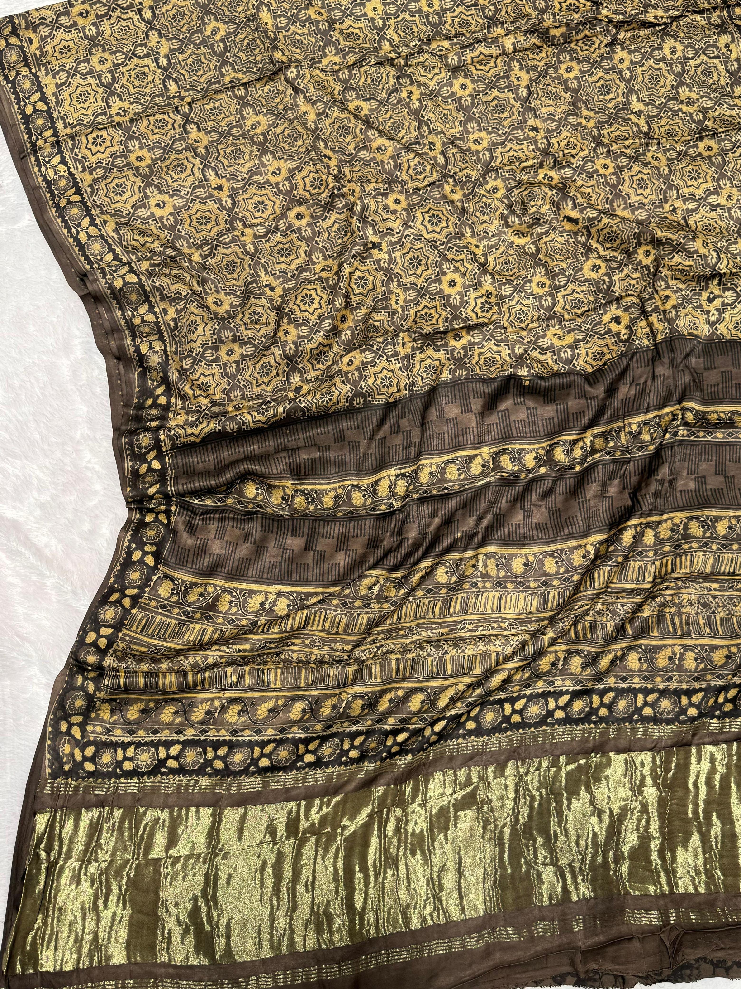 New Luxurious Ajrakh Hand Block Modal Silk Saree With Zari Pallu KL1