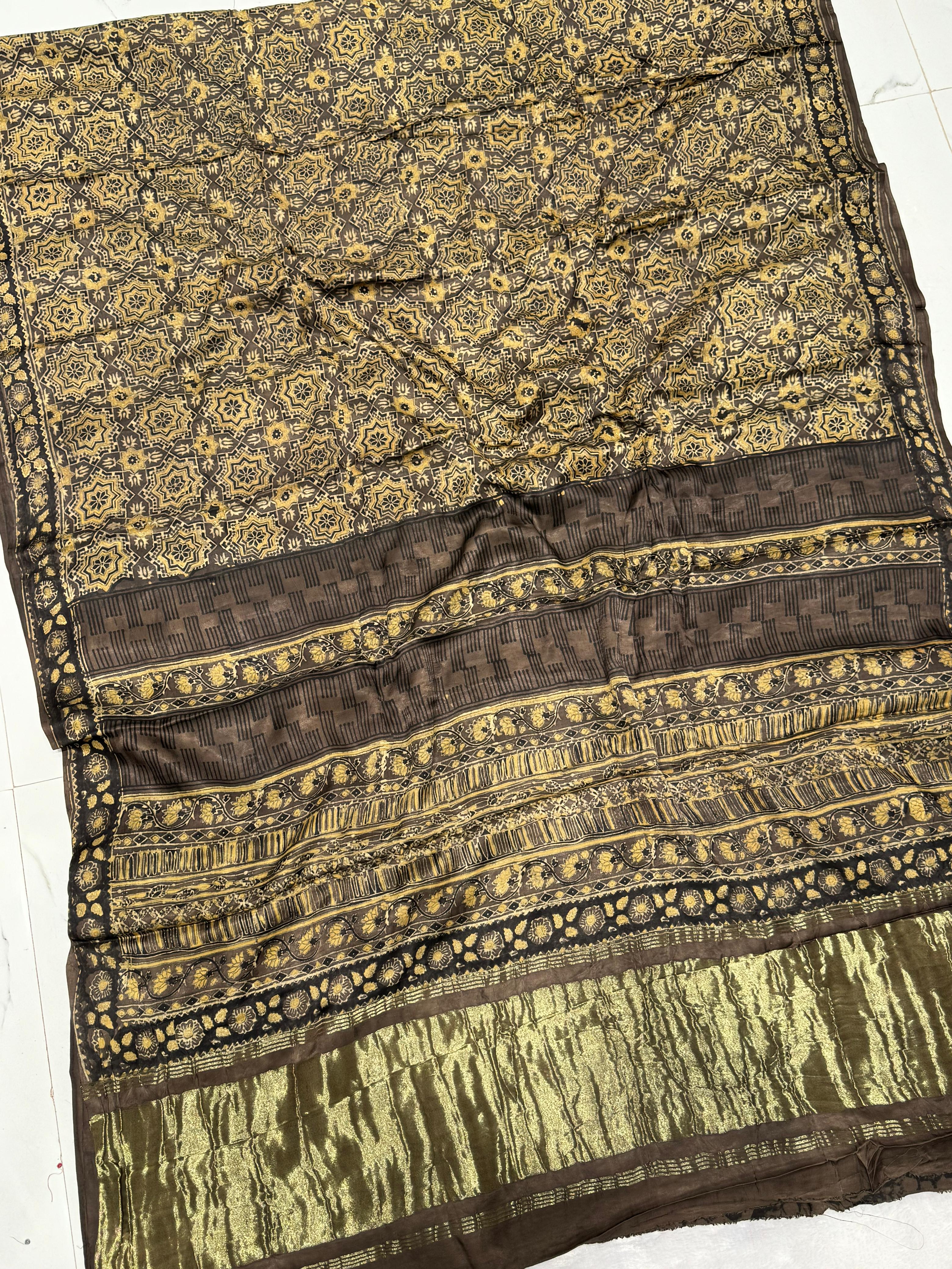 New Luxurious Ajrakh Hand Block Modal Silk Saree With Zari Pallu KL1