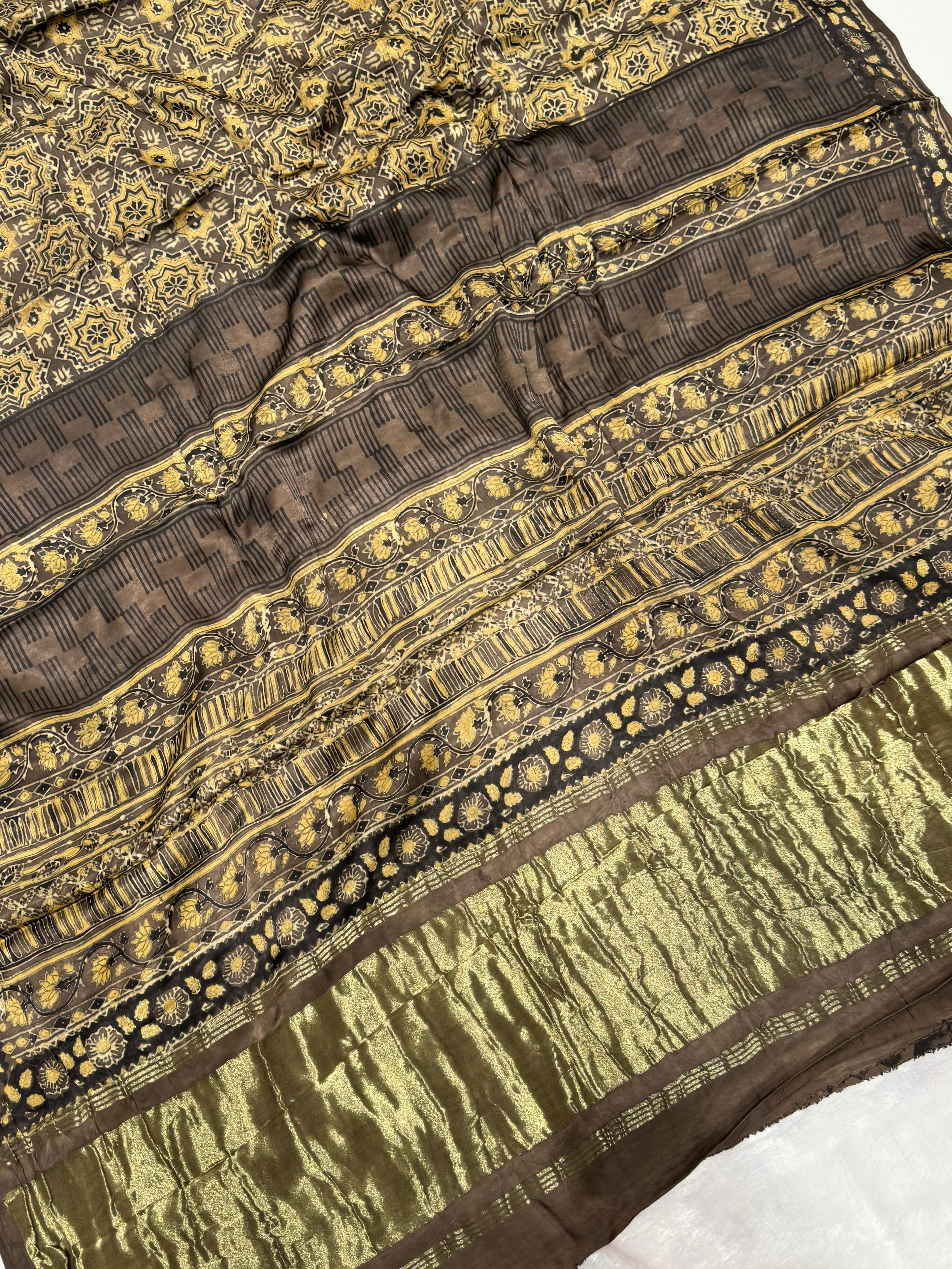 New Luxurious Ajrakh Hand Block Modal Silk Saree With Zari Pallu KL1