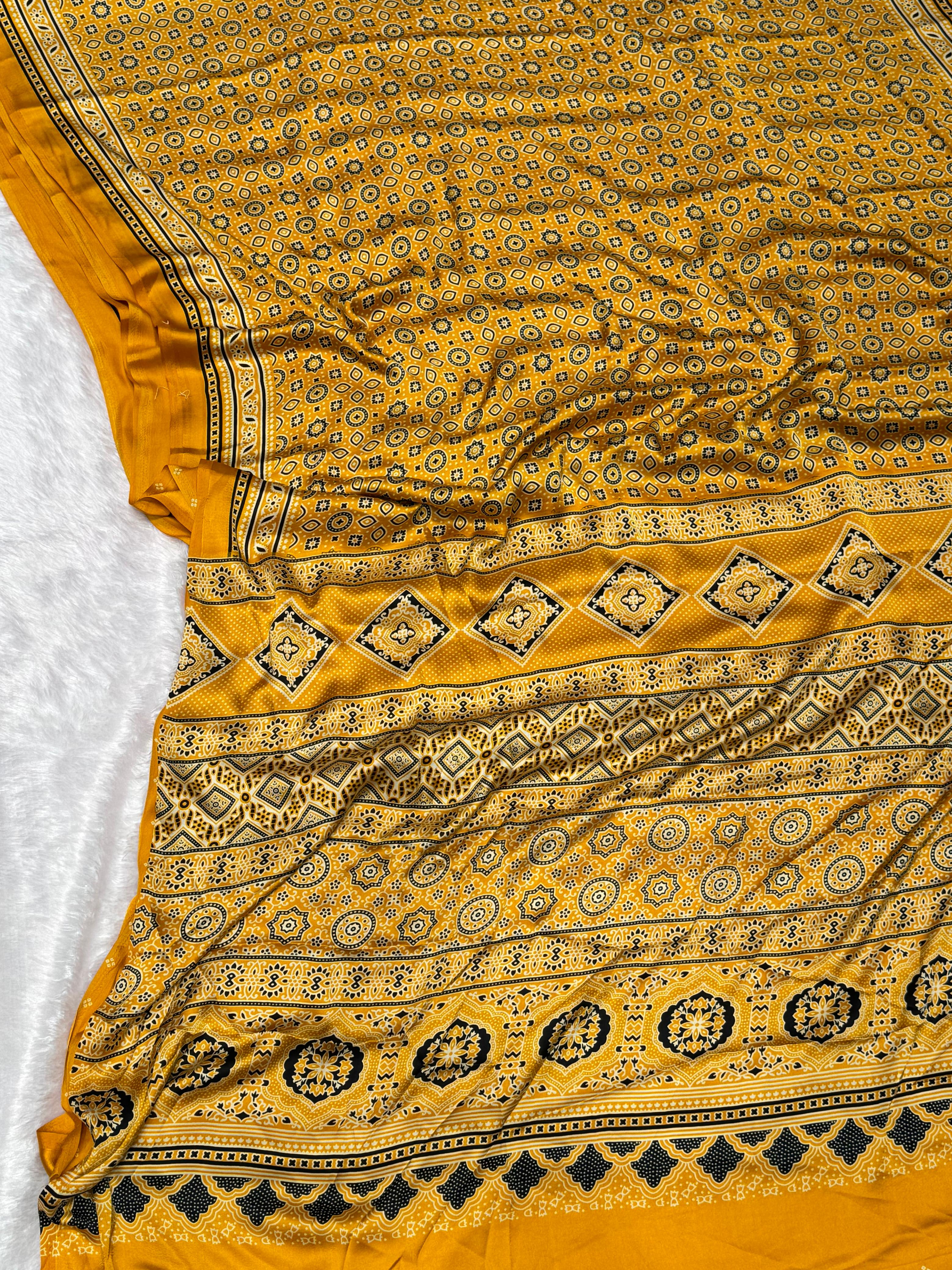 Yellow Ajrakh Printed Soft Modal Silk Natural Print Saree P1