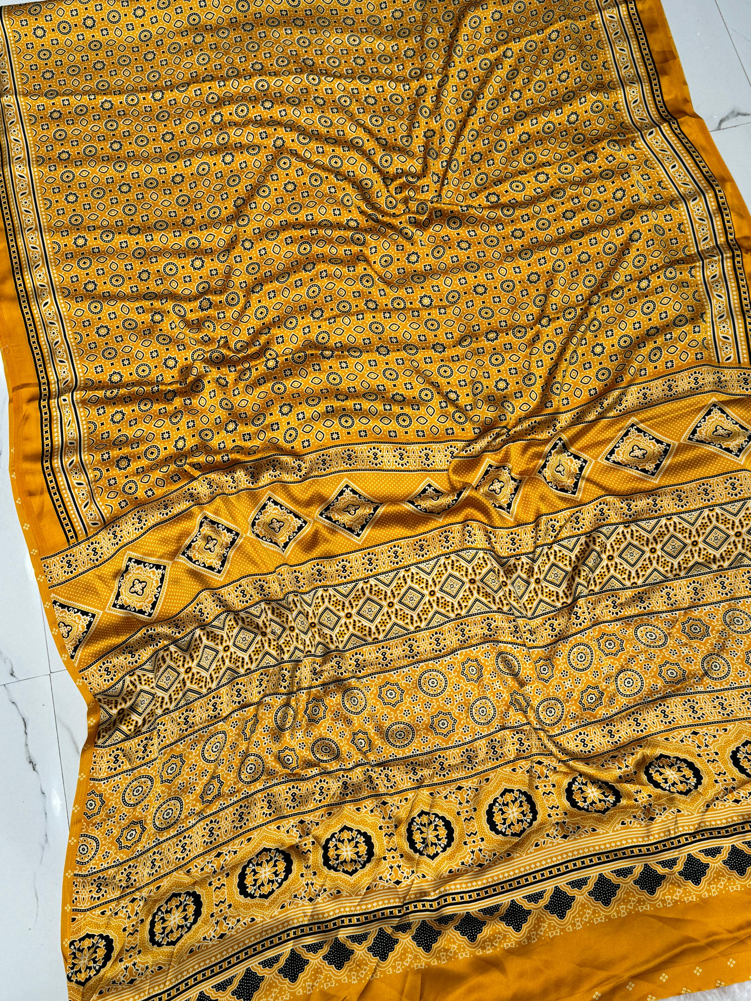 Yellow Ajrakh Printed Soft Modal Silk Natural Print Saree P1