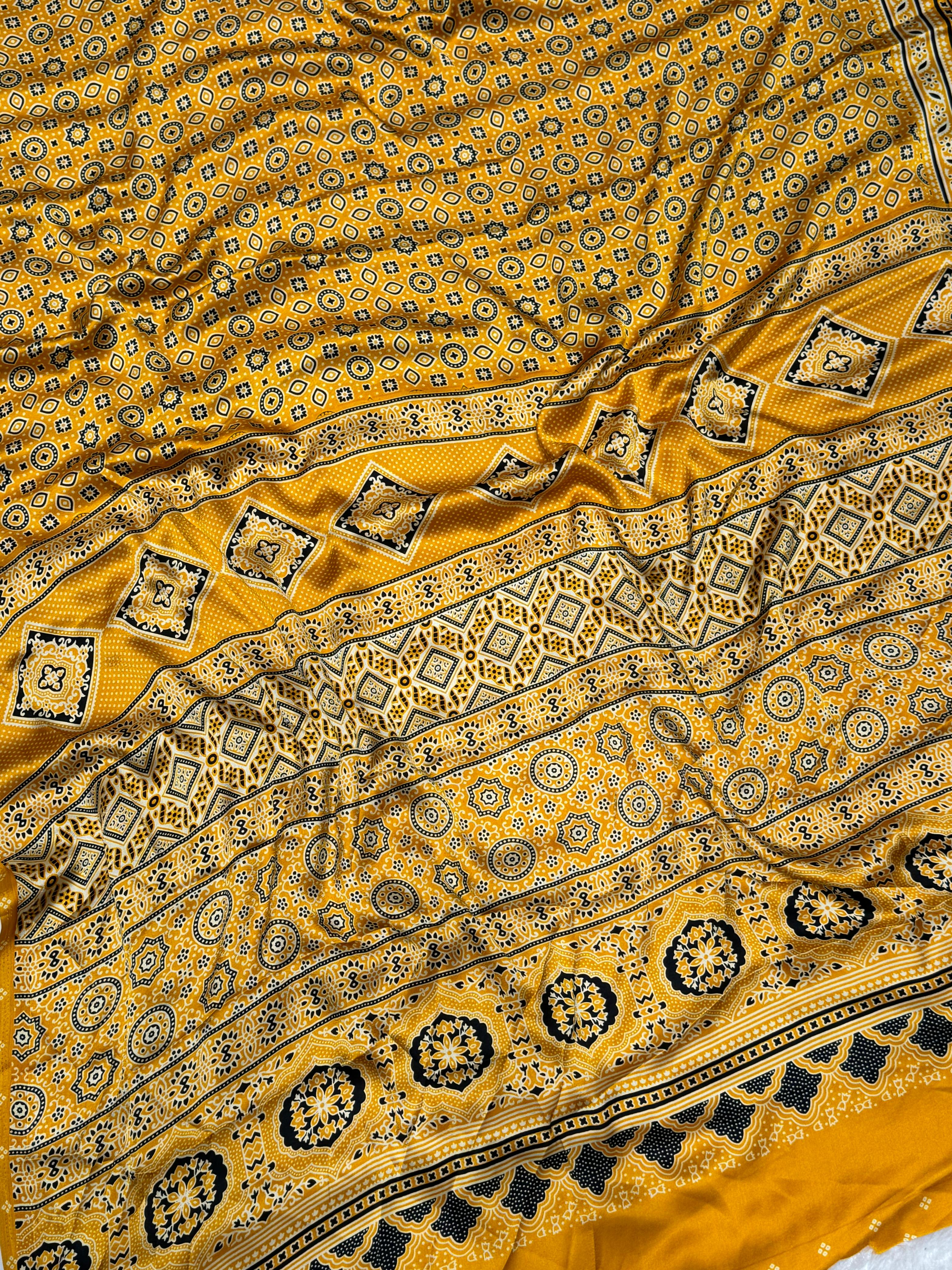 Yellow Ajrakh Printed Soft Modal Silk Natural Print Saree P1