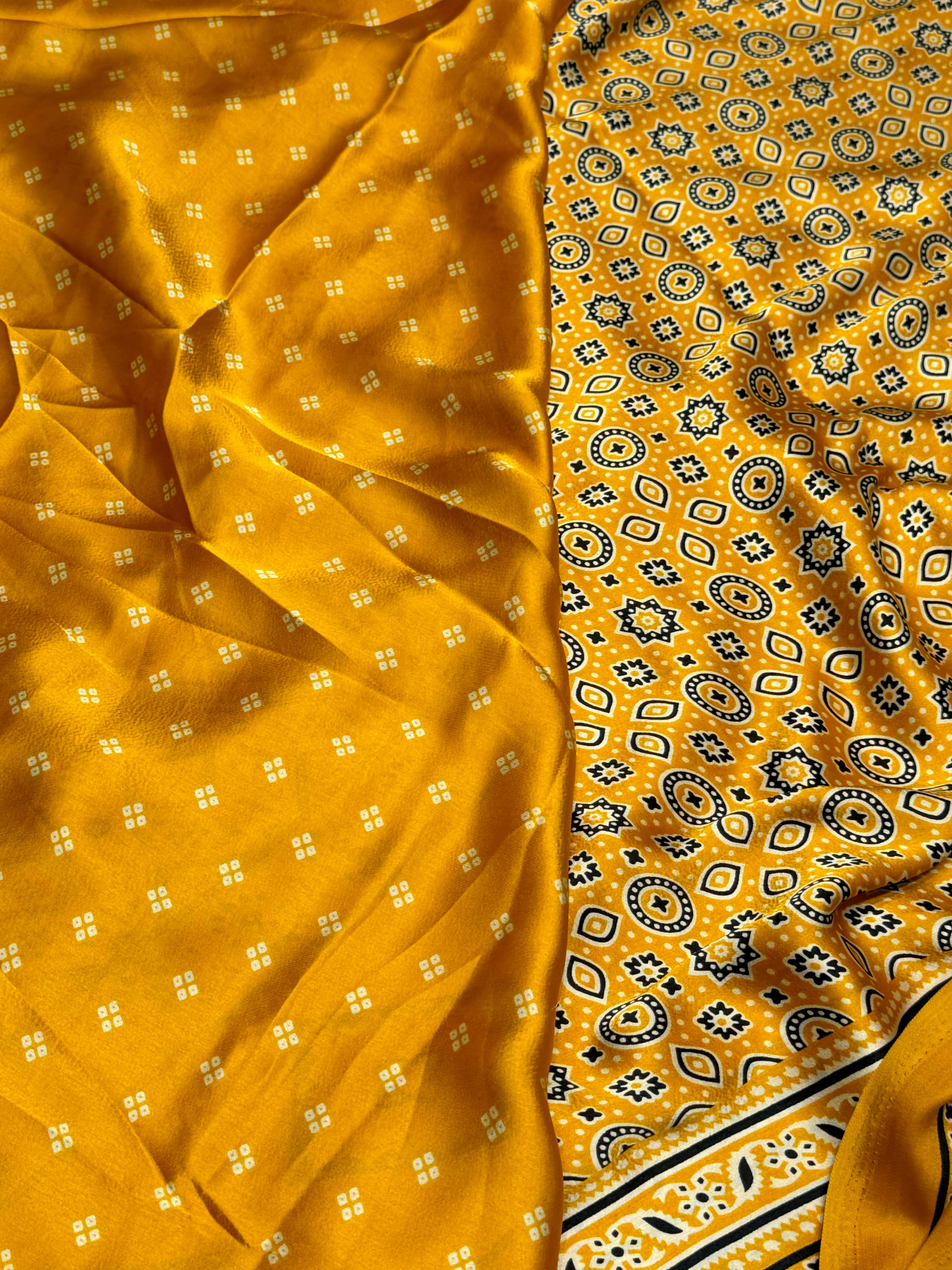 Yellow Ajrakh Printed Soft Modal Silk Natural Print Saree P1