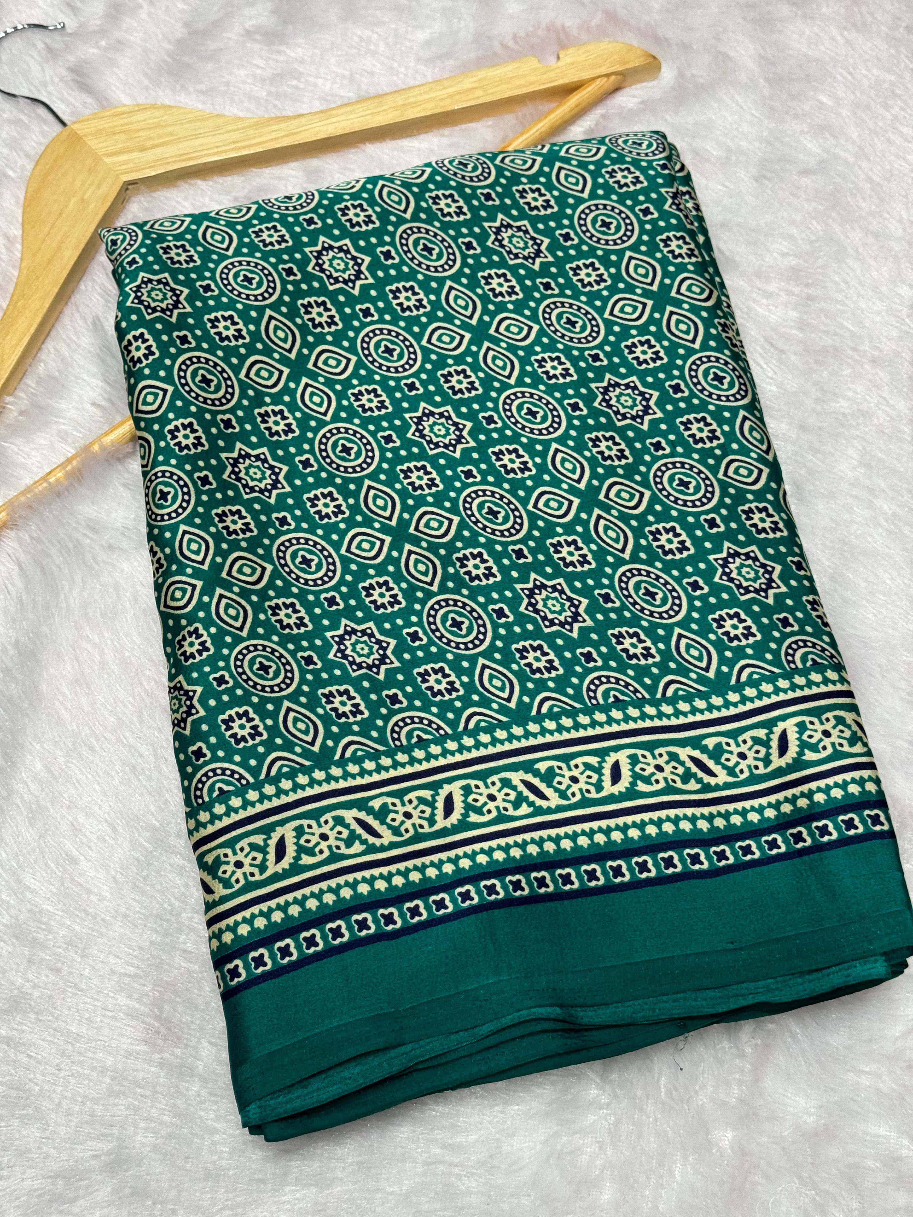 Sea Green Ajrakh Printed Soft Modal Silk Natural Print Saree P1