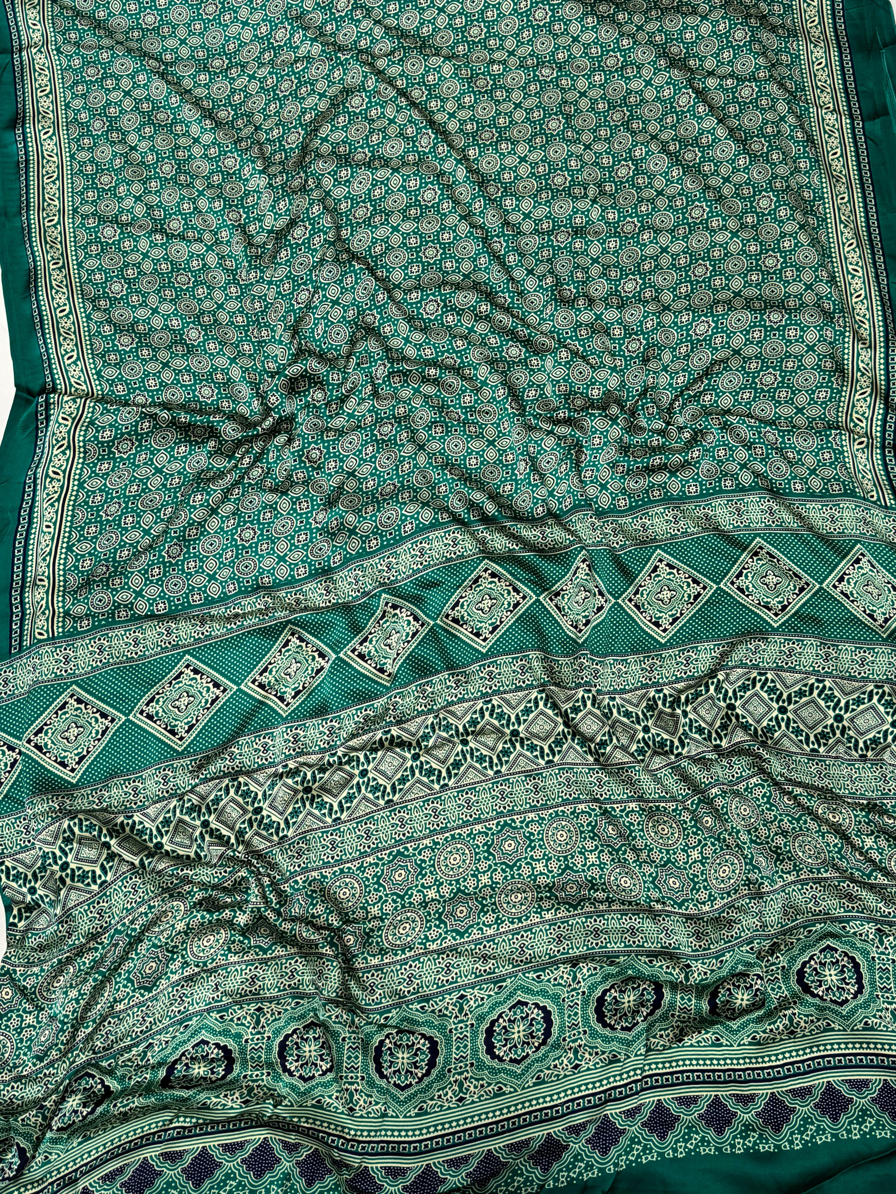 Sea Green Ajrakh Printed Soft Modal Silk Natural Print Saree P1