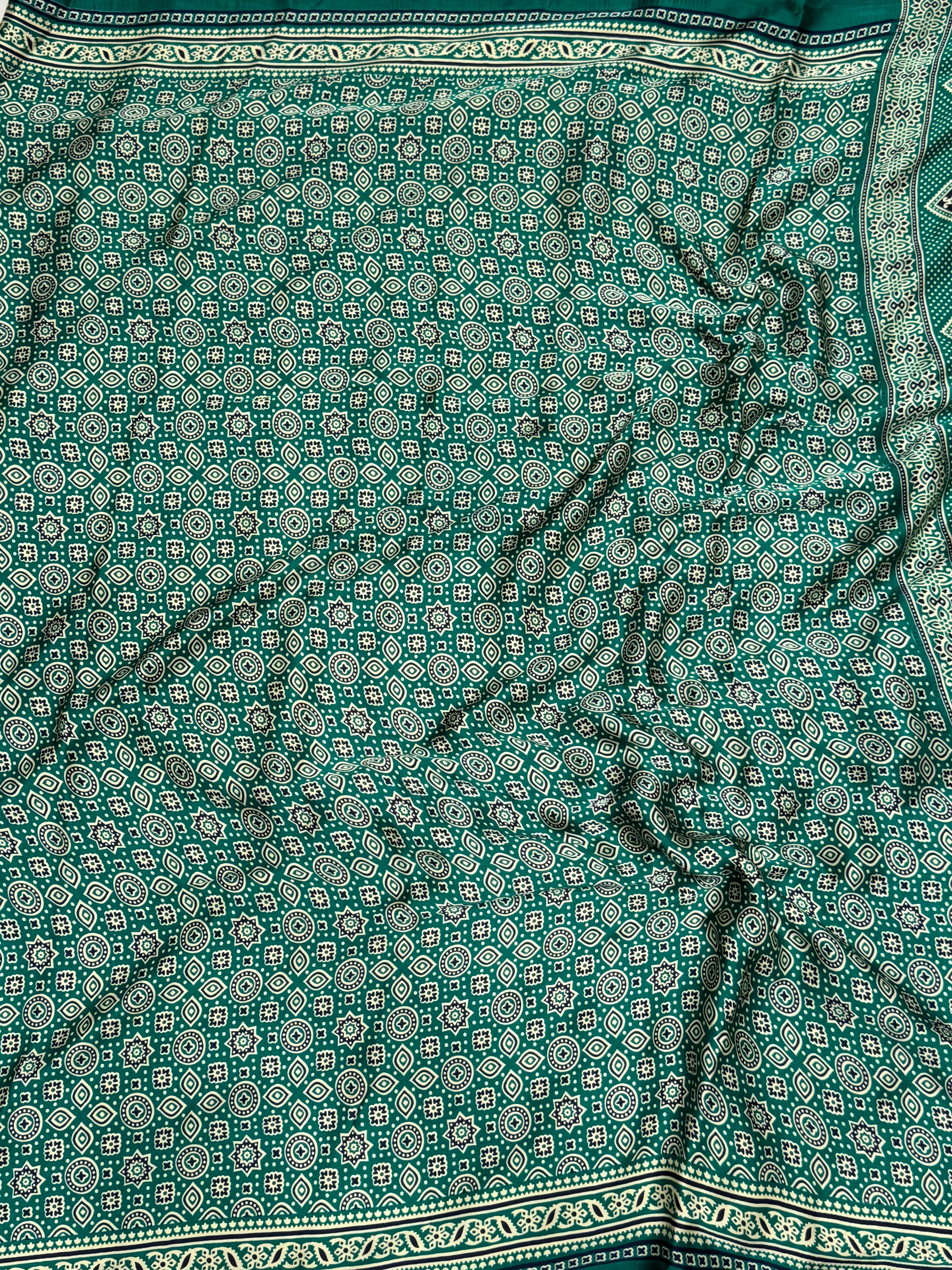 Sea Green Ajrakh Printed Soft Modal Silk Natural Print Saree P1