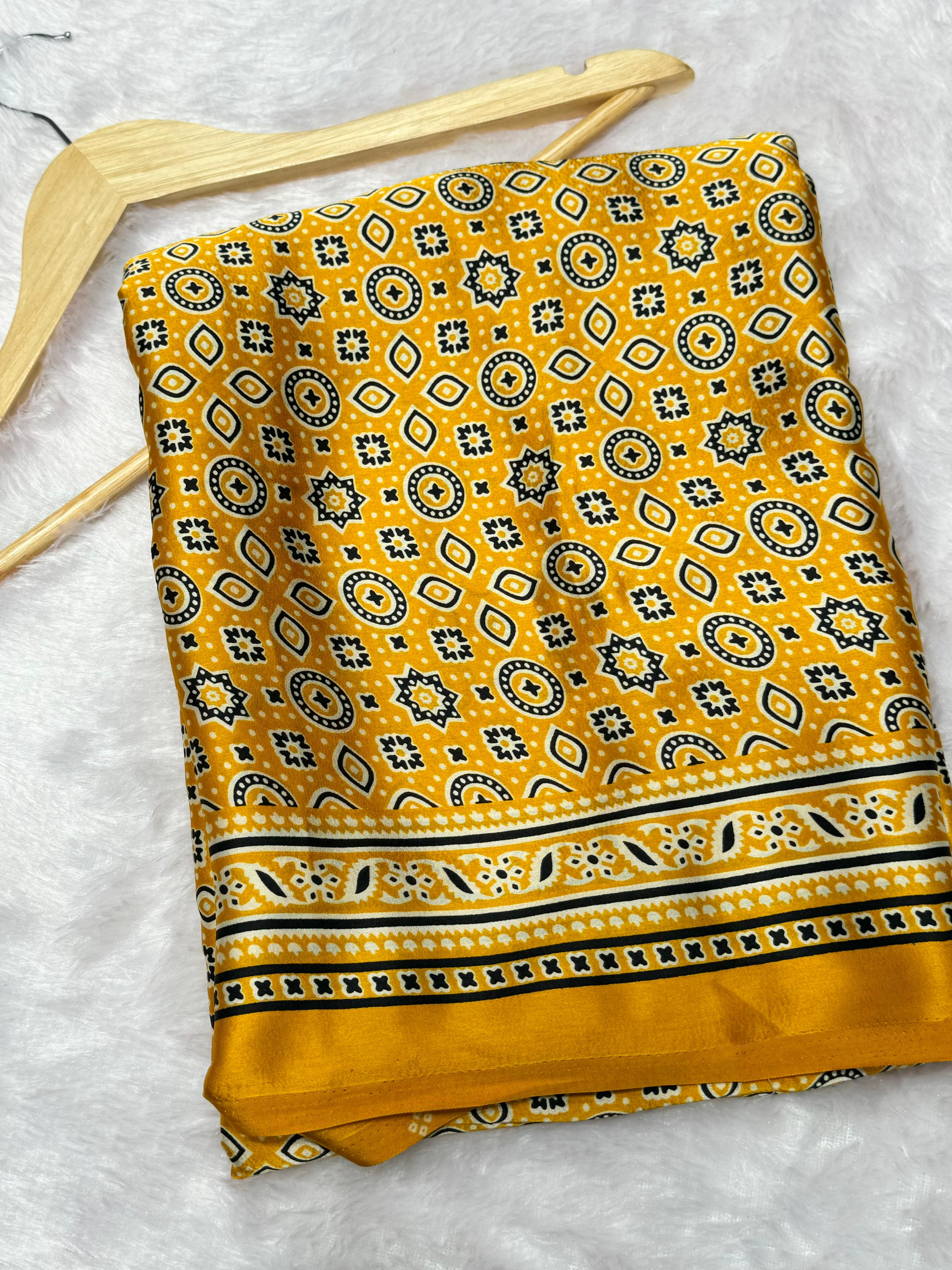 Yellow Ajrakh Printed Soft Modal Silk Natural Print Saree P1