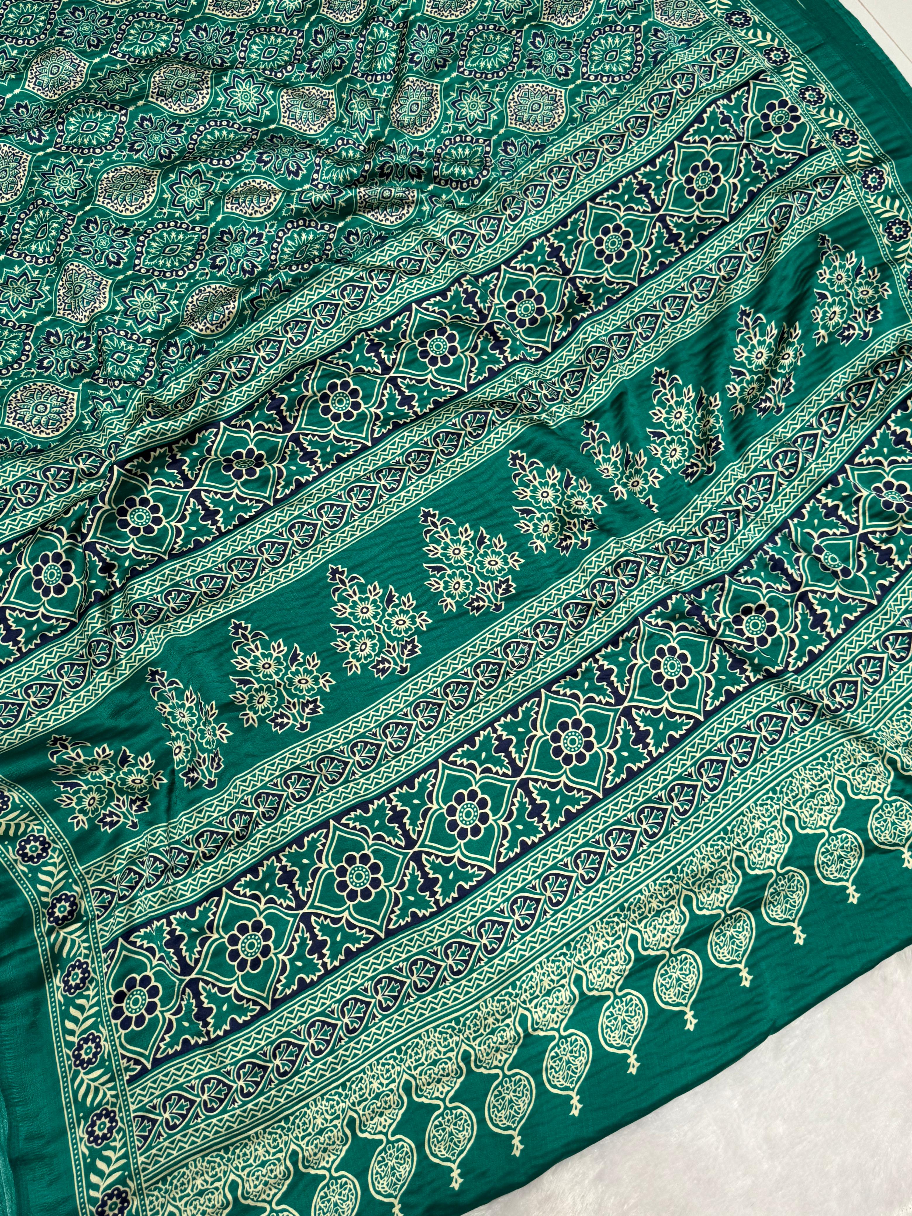 Sea Green Ajrakh Printed Soft Modal Silk Natural Print Saree P2