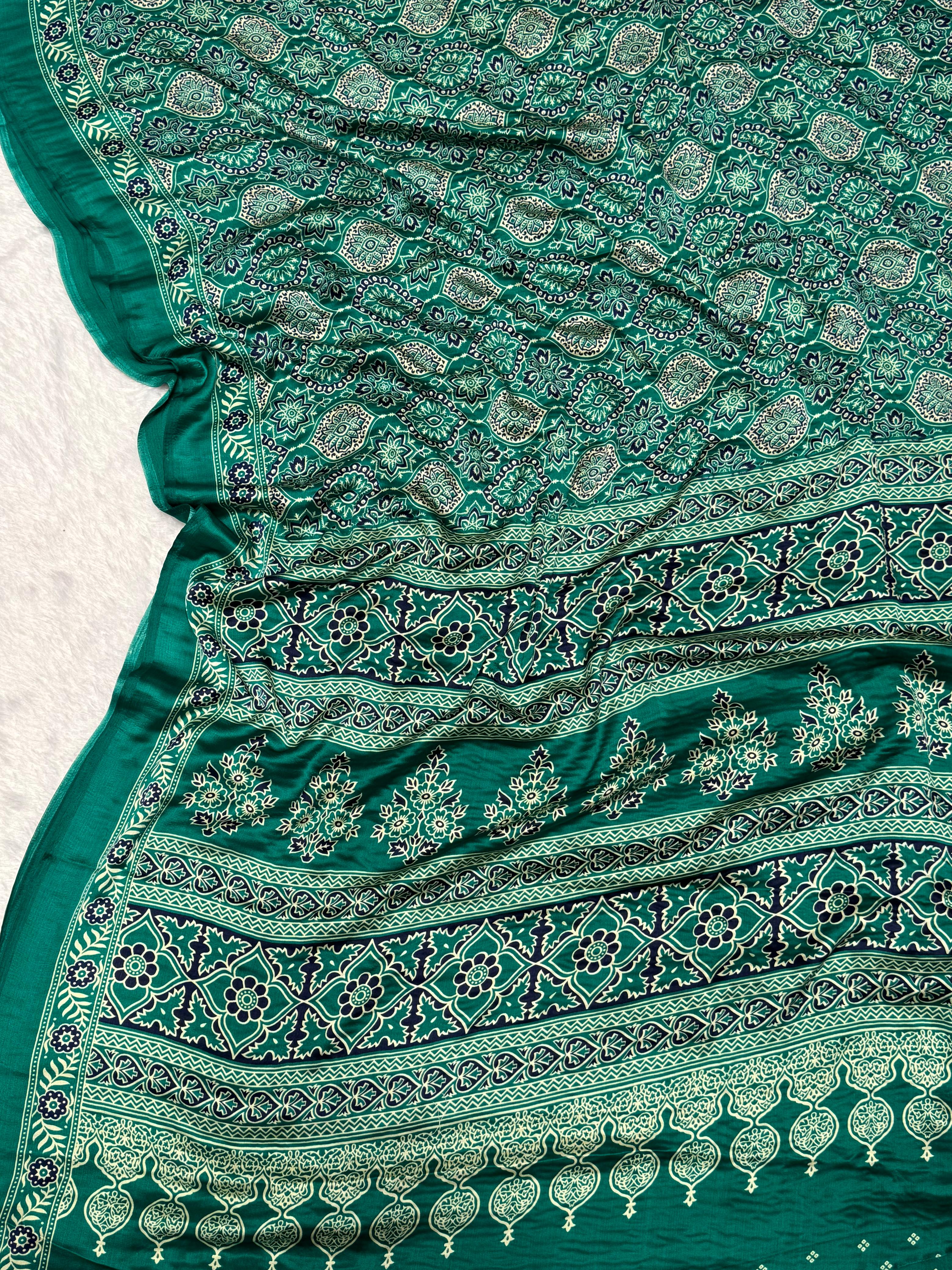 Sea Green Ajrakh Printed Soft Modal Silk Natural Print Saree P2