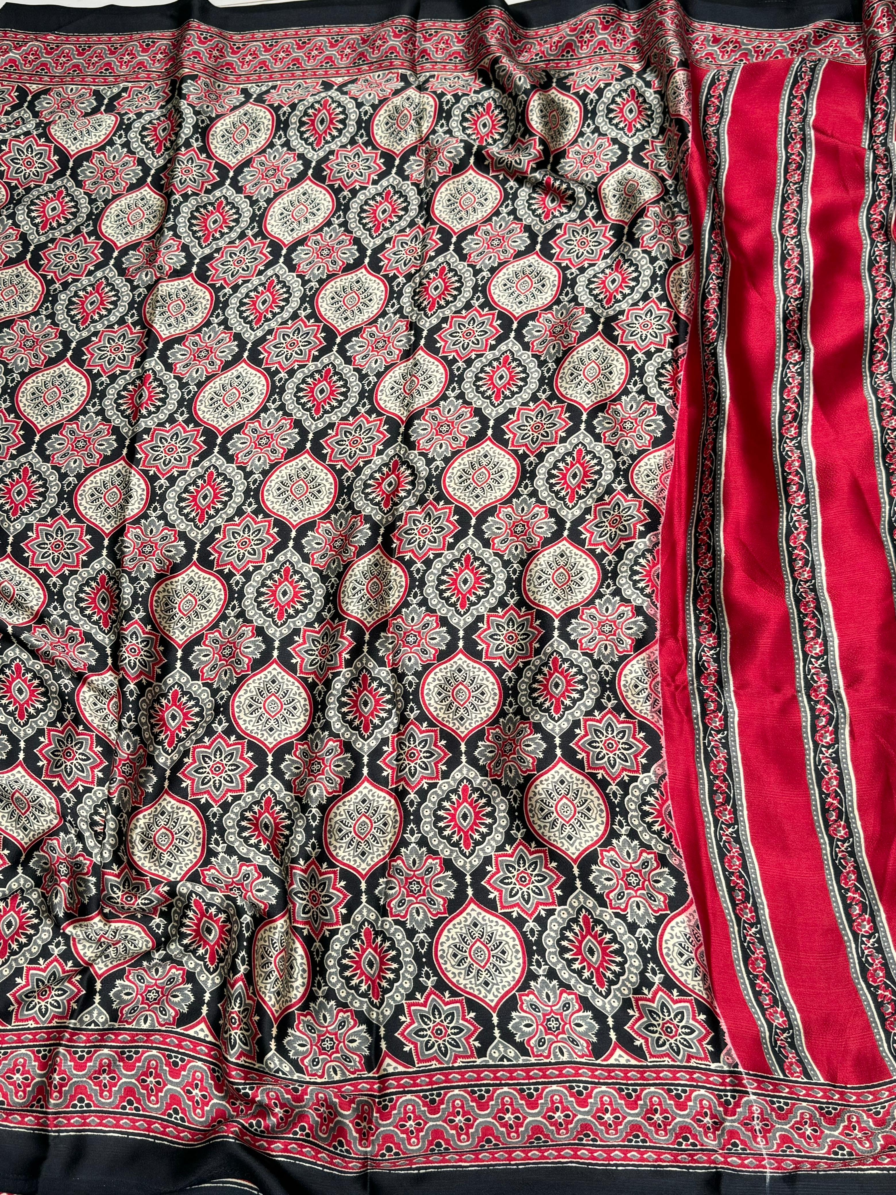 Black And Maroon Ajrakh Printed Soft Modal Silk Natural Print Saree P4