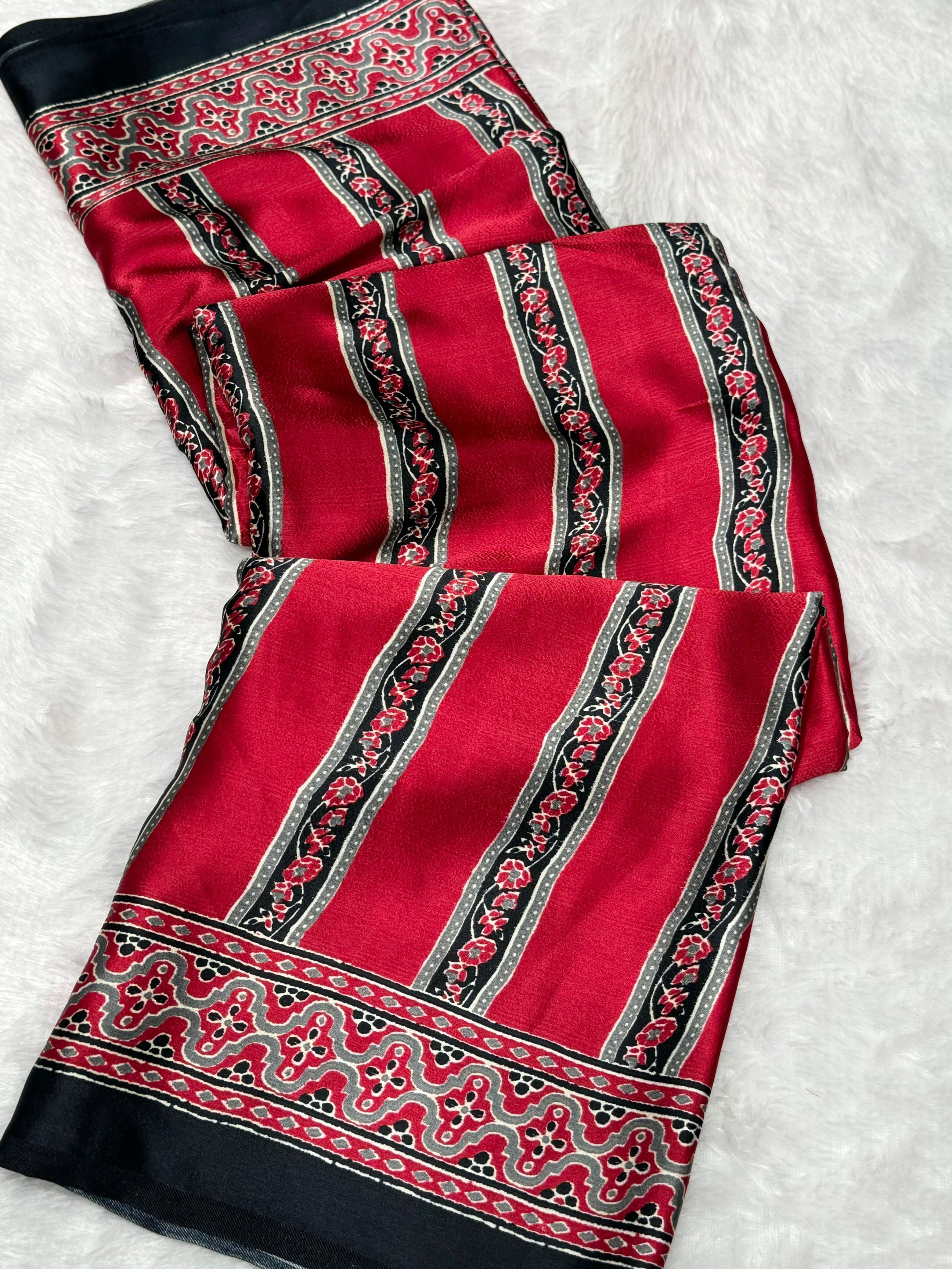 Black And Maroon Ajrakh Printed Soft Modal Silk Natural Print Saree P4