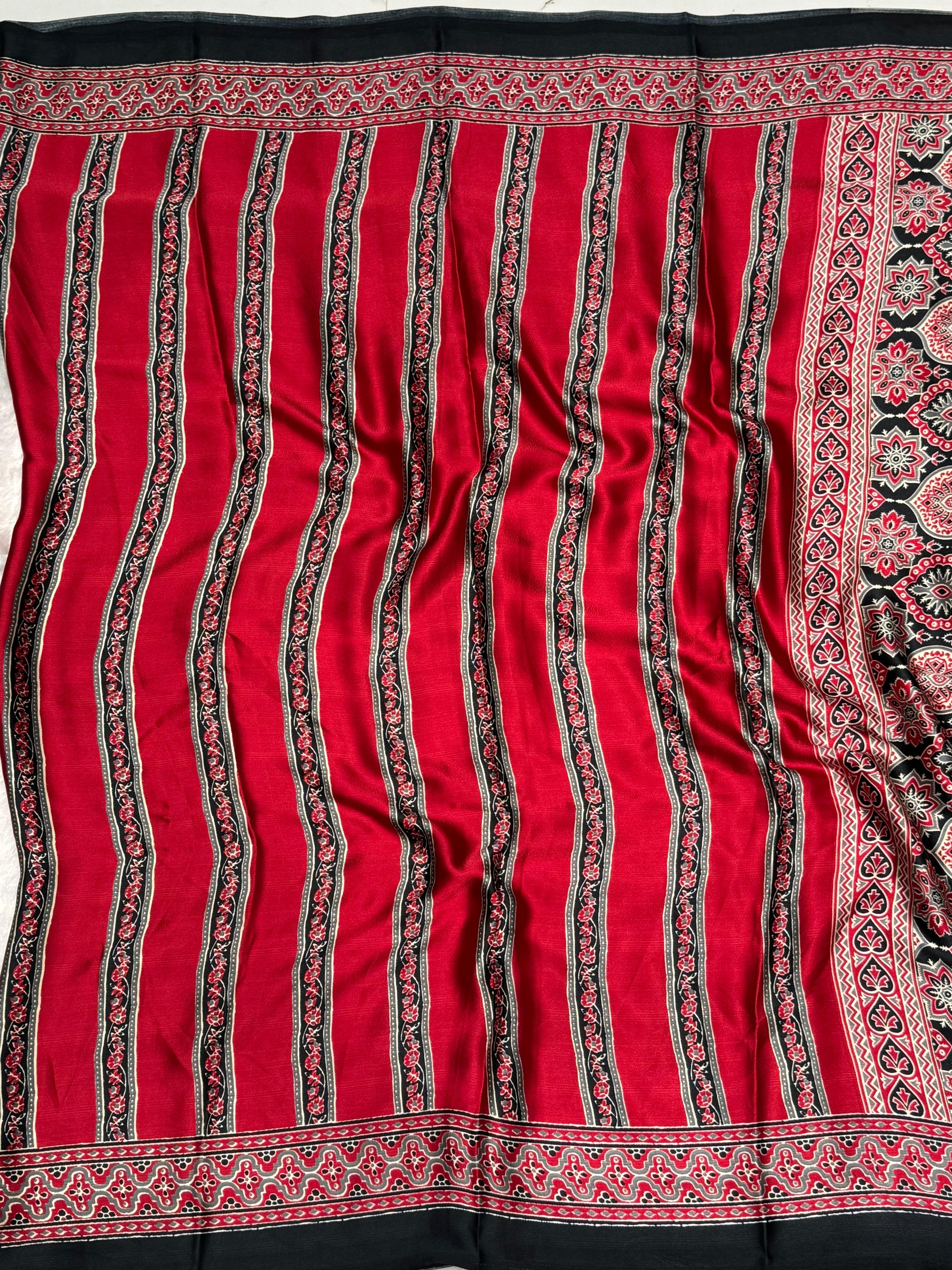 Black And Maroon Ajrakh Printed Soft Modal Silk Natural Print Saree P4