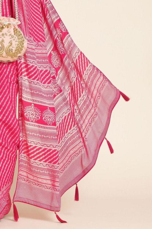 Pink & White Striped Leriya Printed Saree