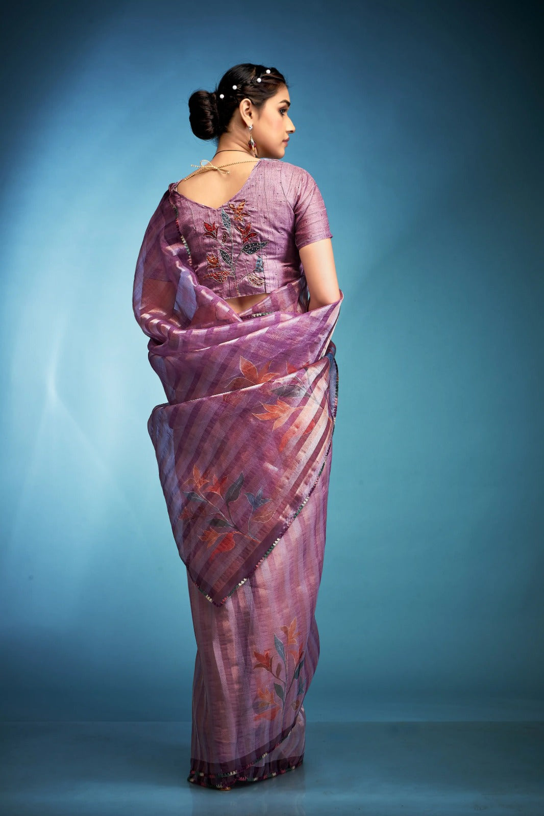 Splendid Purple Blue Printed Tissue Saree