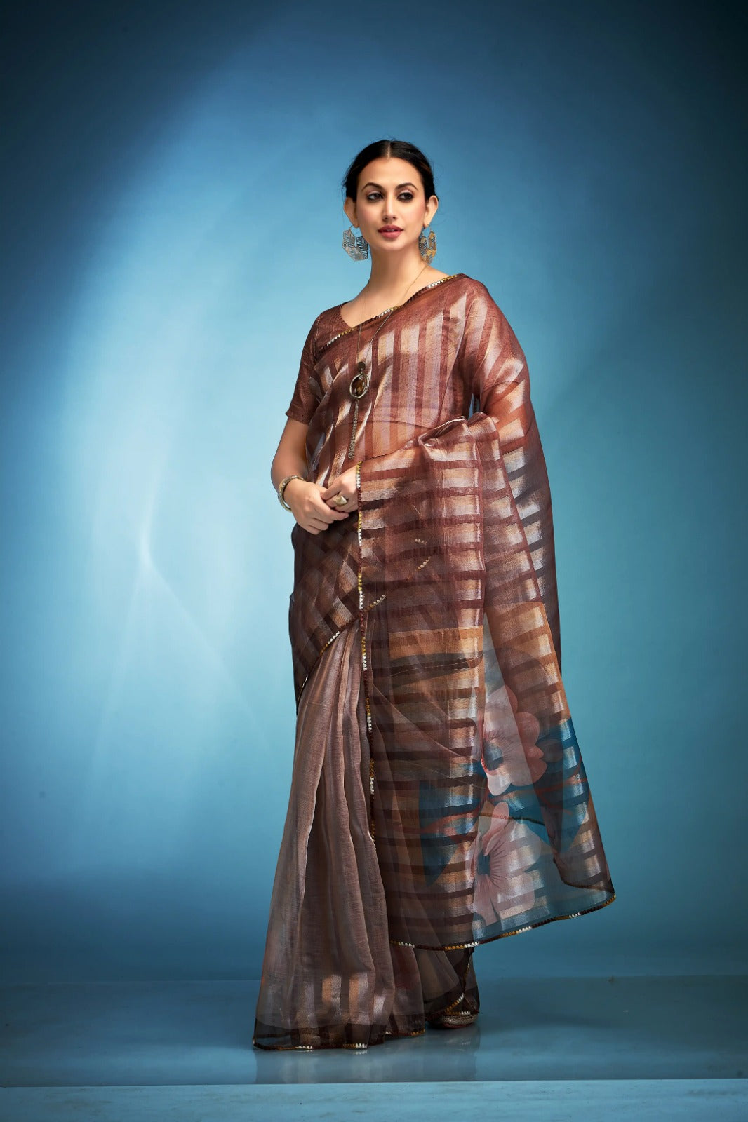 Misty Brown Printed Tissue Saree