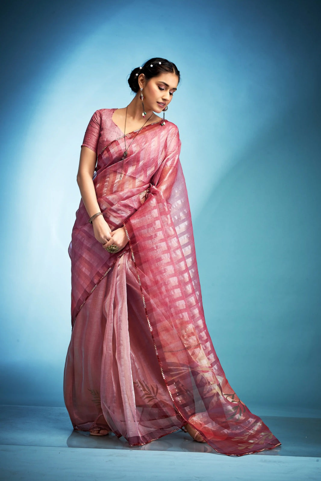 Sophisticated Pink Blue Printed Tissue Saree