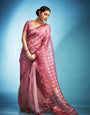 Sophisticated Pink Blue Printed Tissue Saree