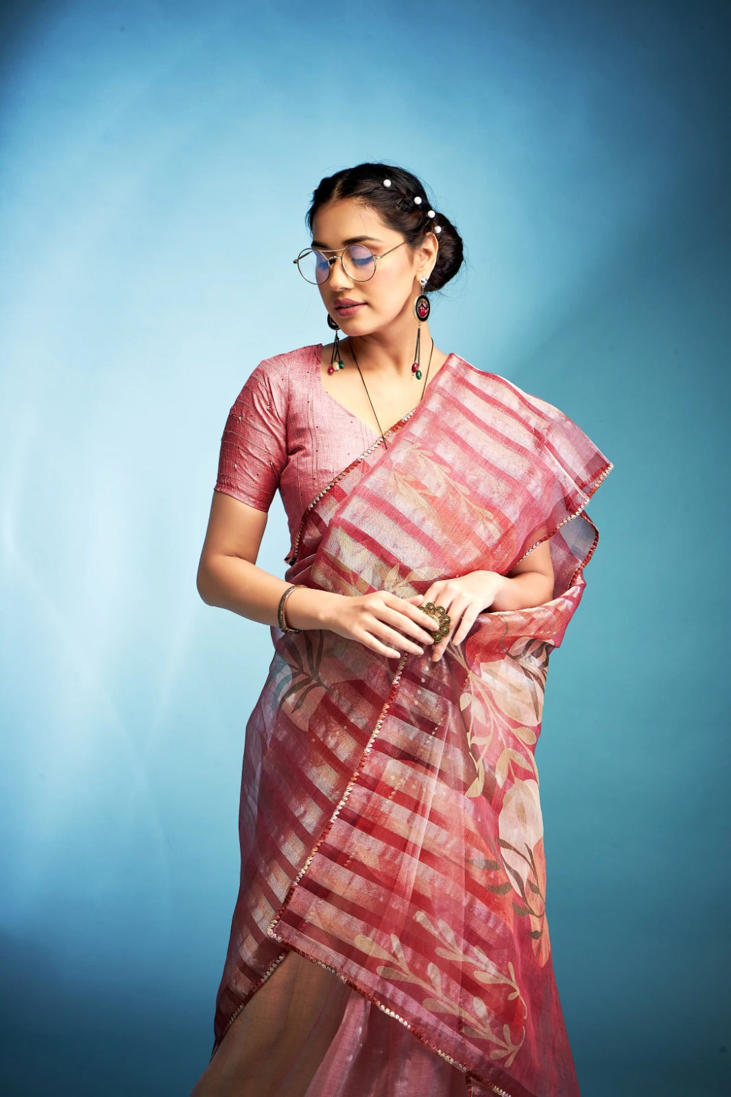 Sophisticated Pink Blue Printed Tissue Saree