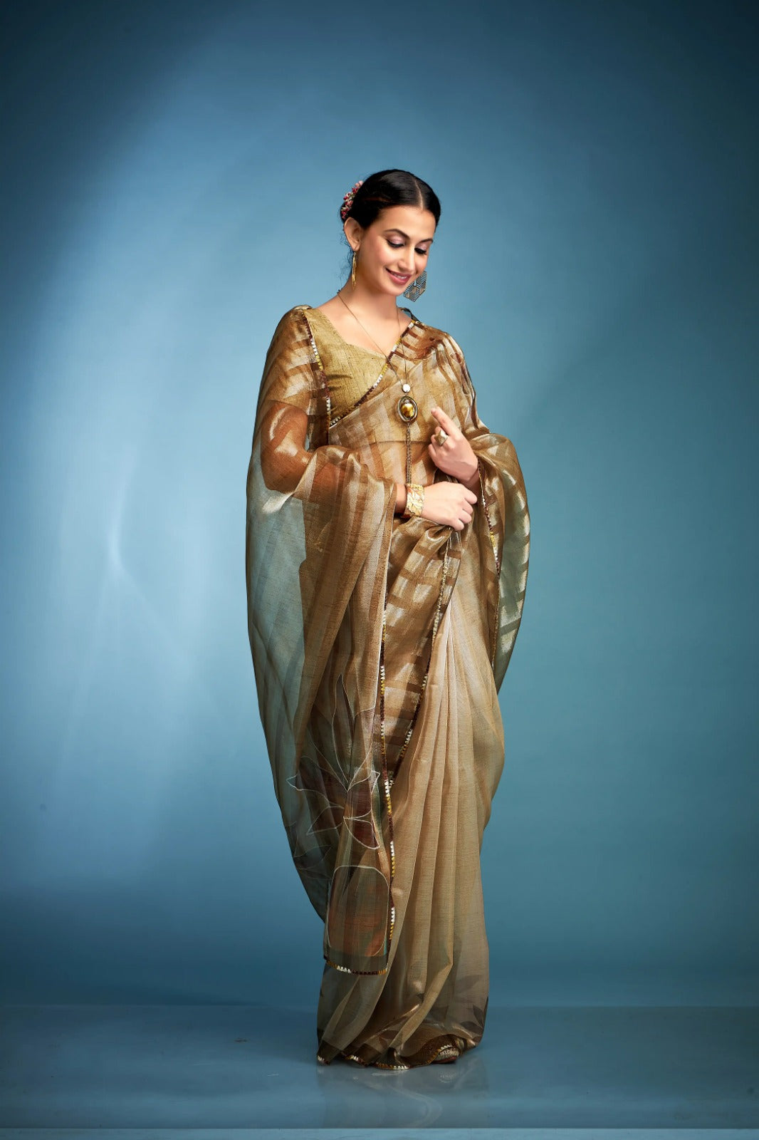 Grand Yellow Blue Printed Tissue Saree