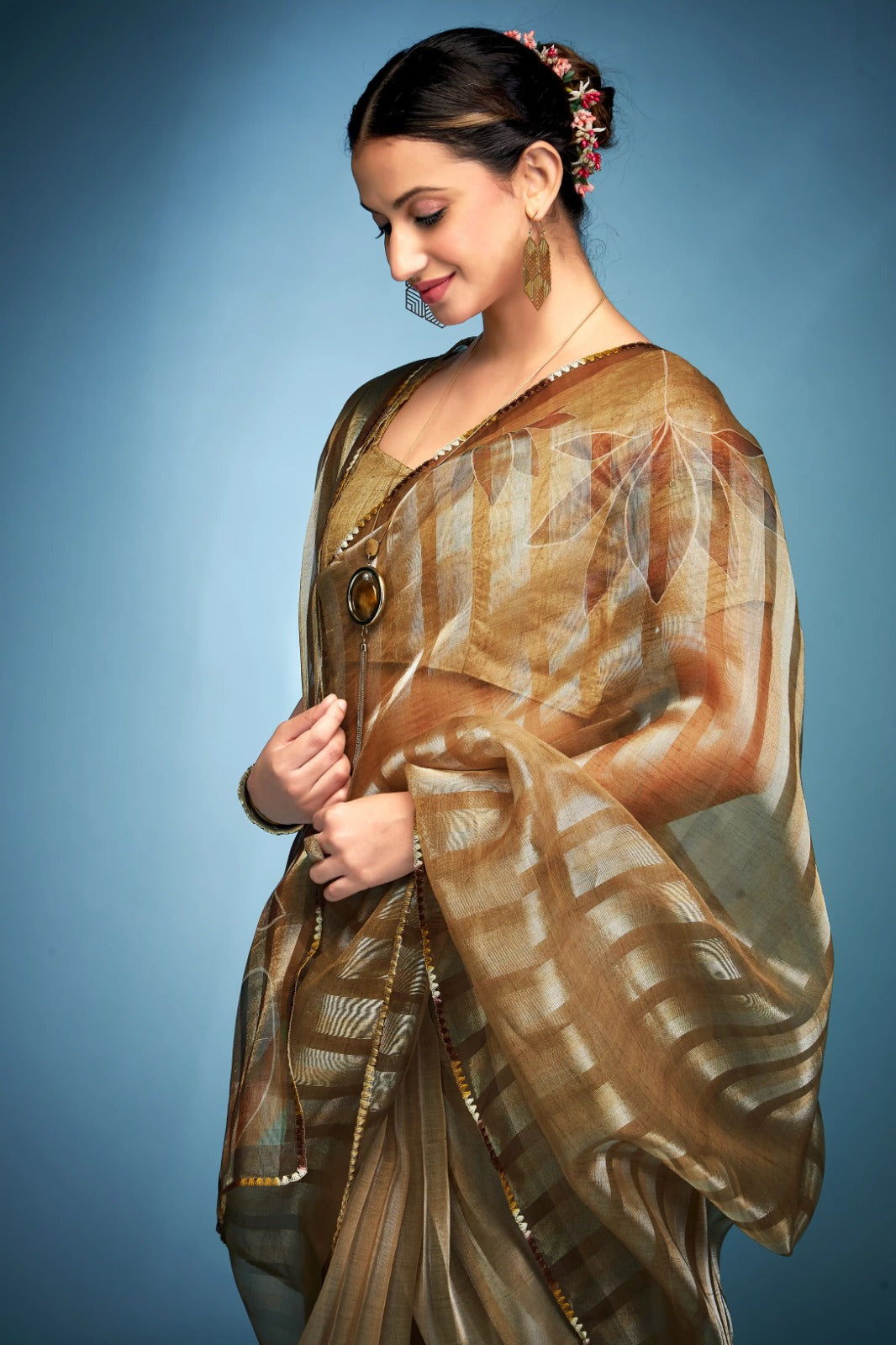 Grand Yellow Blue Printed Tissue Saree