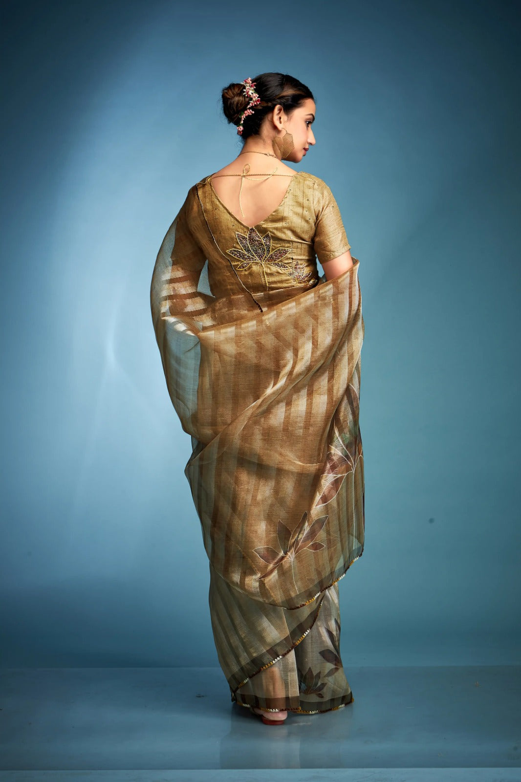 Grand Yellow Blue Printed Tissue Saree