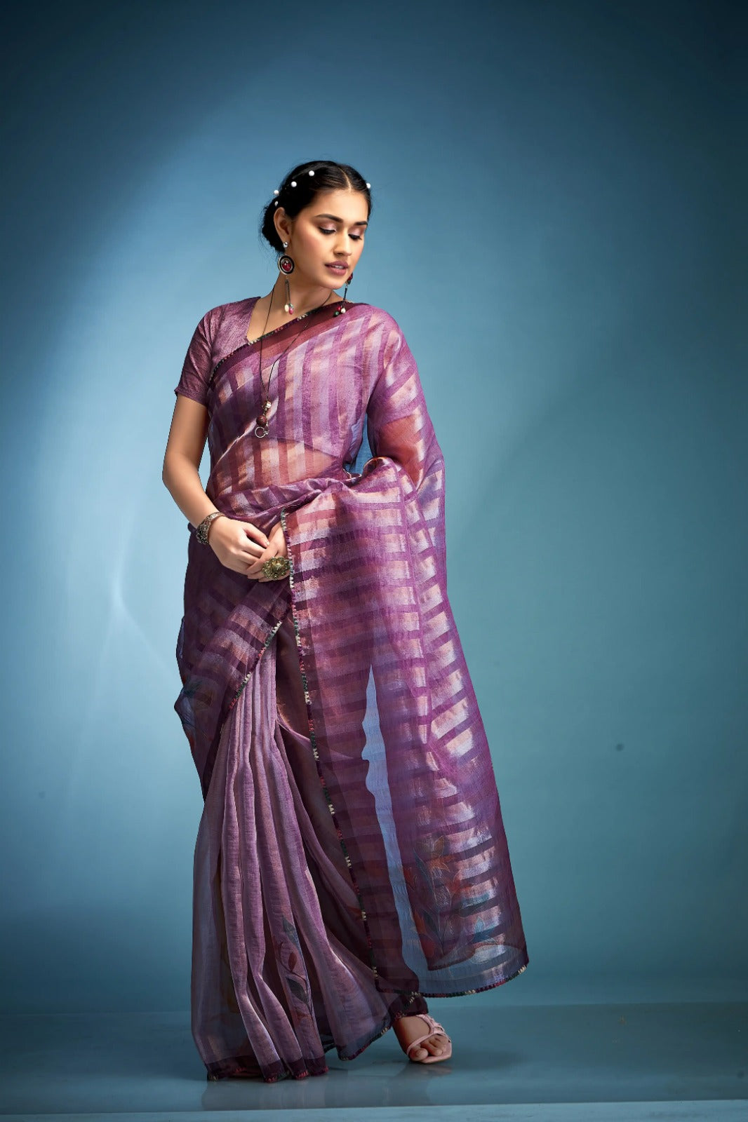 Splendid Purple Blue Printed Tissue Saree