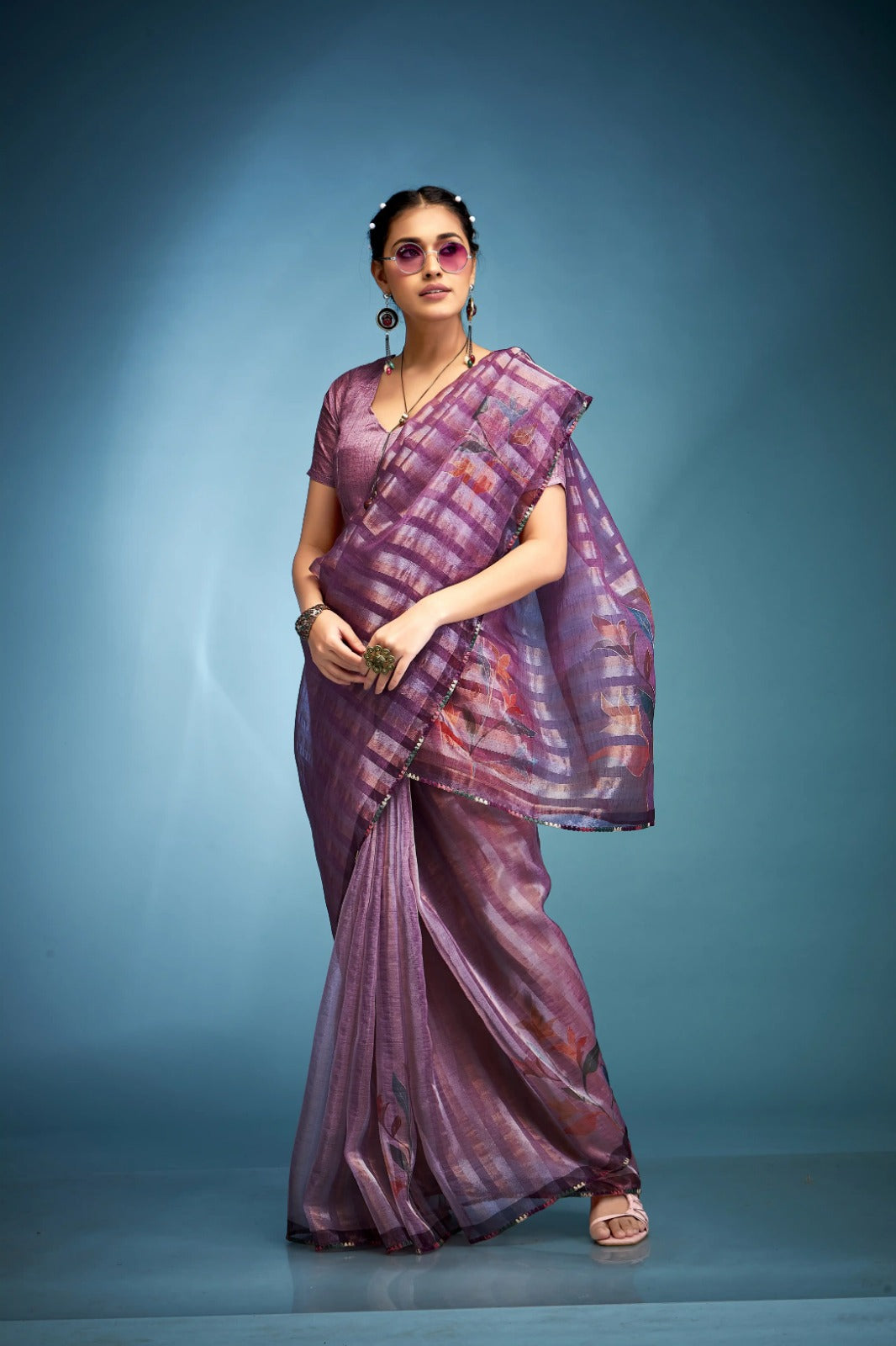 Splendid Purple Blue Printed Tissue Saree