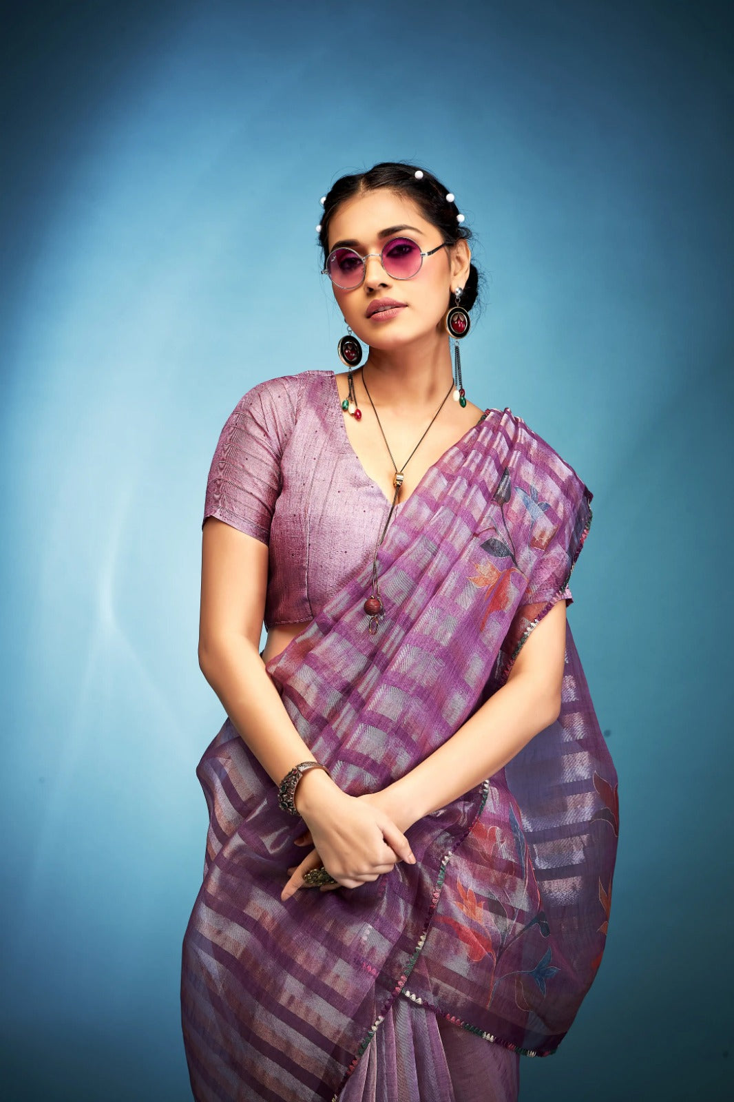 Splendid Purple Blue Printed Tissue Saree