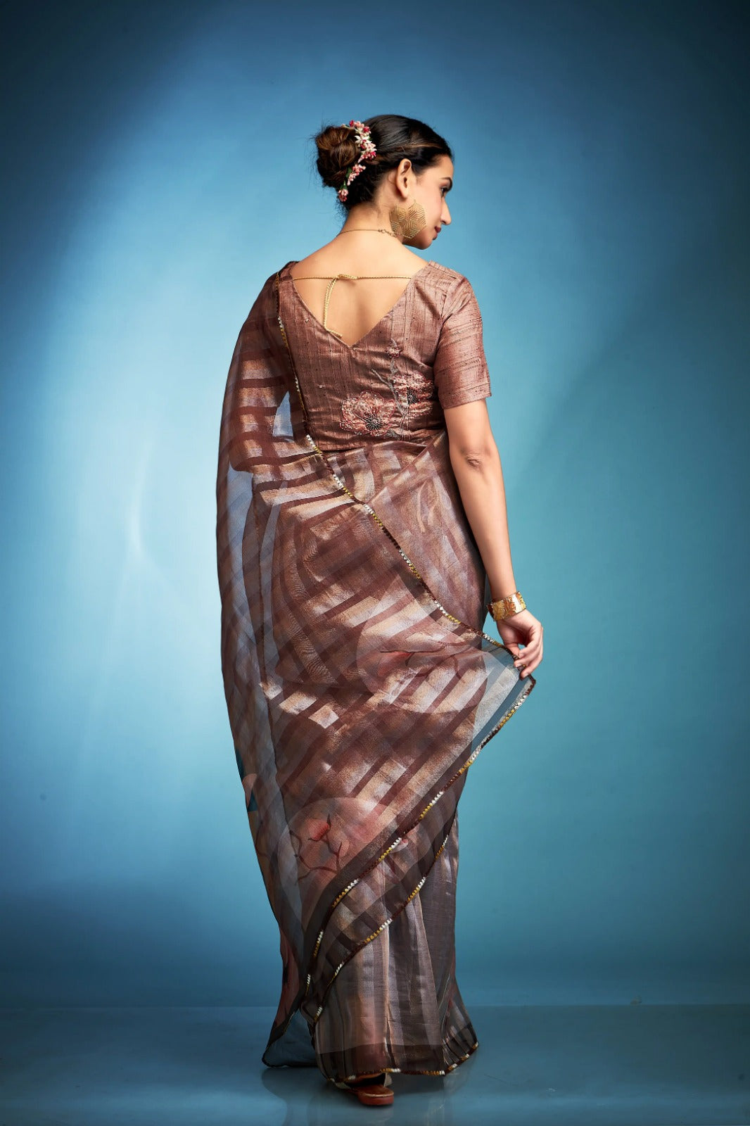 Misty Brown Printed Tissue Saree