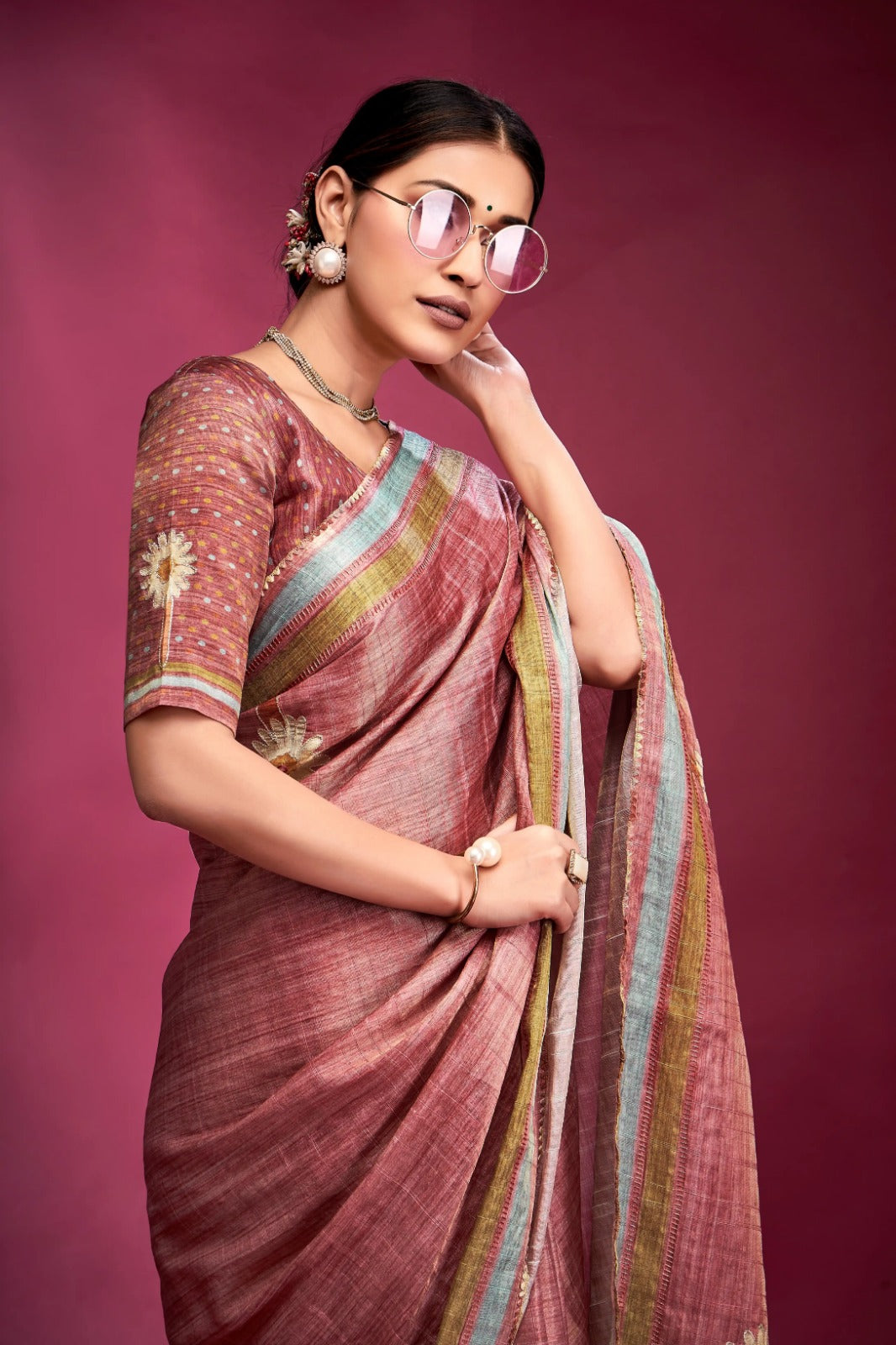 Vivid Peach Tussar Silk Saree