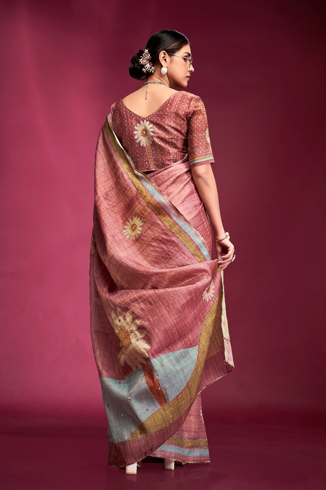 Vivid Peach Tussar Silk Saree