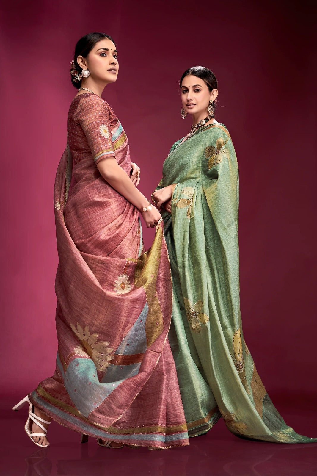 Vivid Peach Tussar Silk Saree