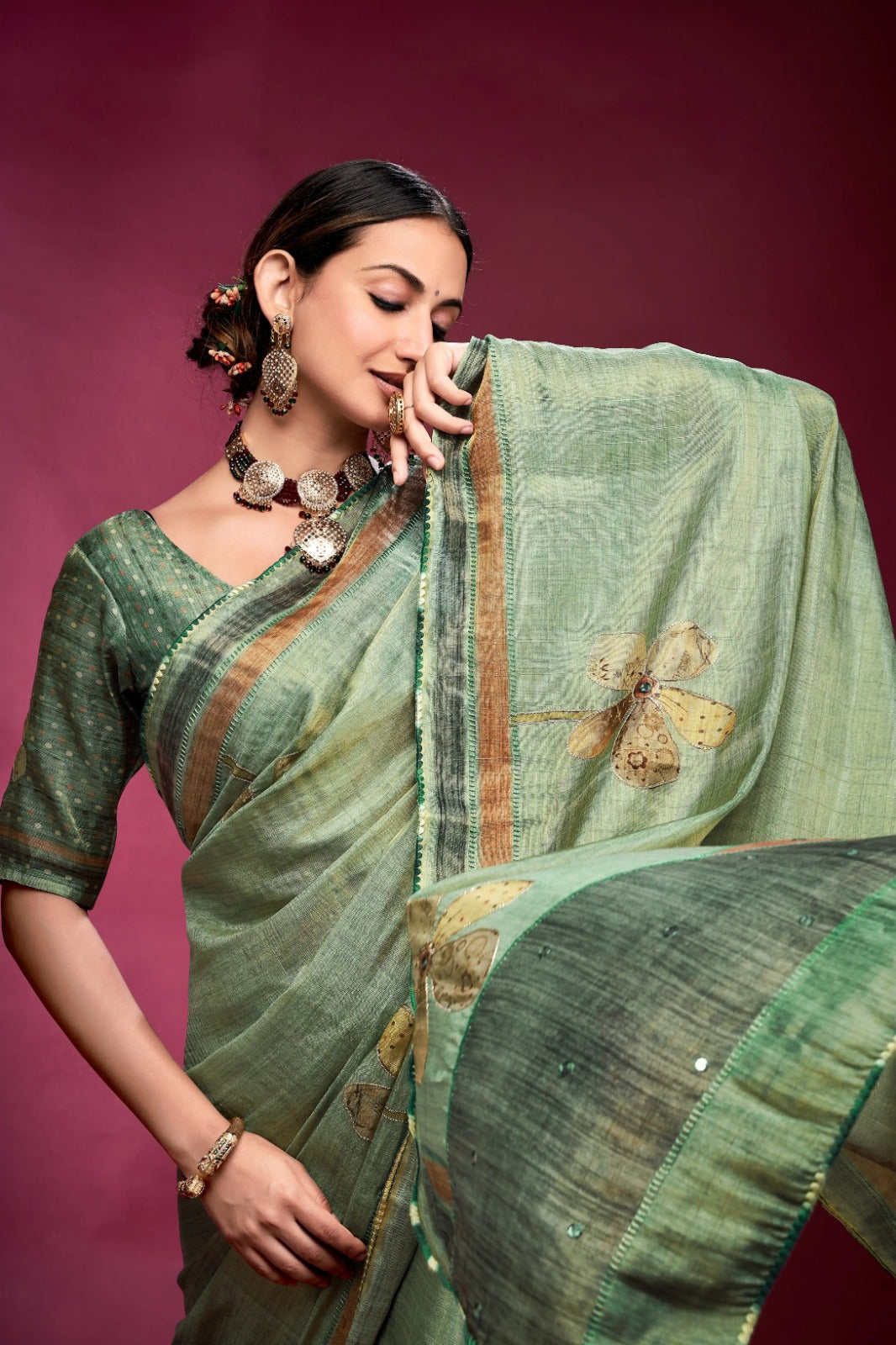 Uplifting Light Green Tussar Silk Saree