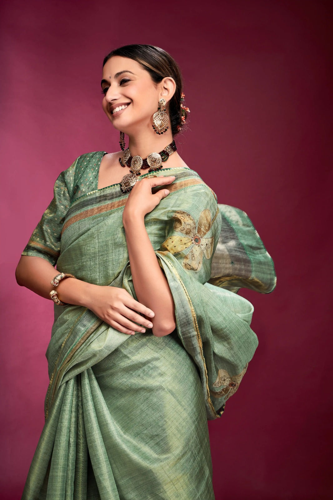 Uplifting Light Green Tussar Silk Saree